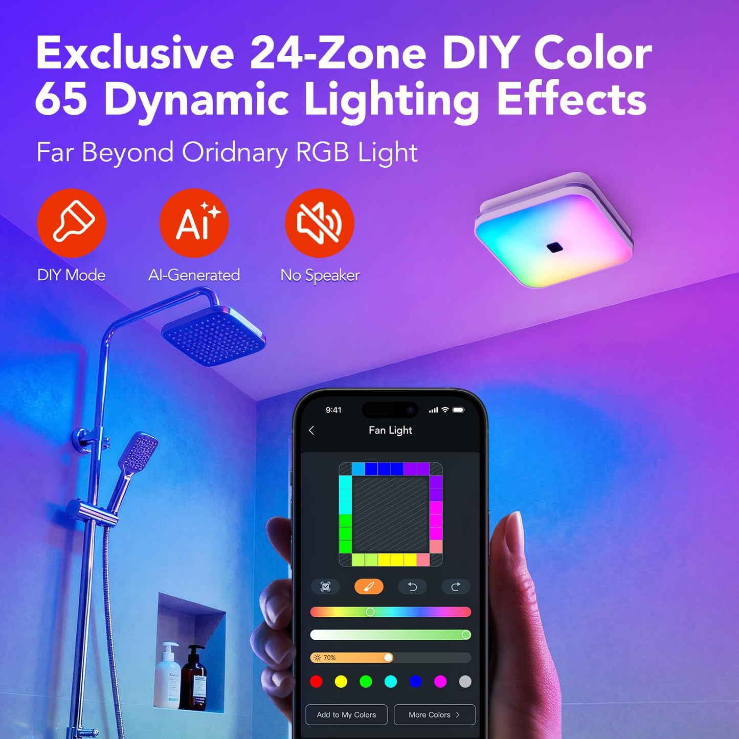OREiN Matter Smart Bathroom Fan with Light (No Speaker), 110 CFM Quiet Ventilation Fan, 2700K–6500K & RGB Mood Lighting, App/Voice/Remote Control, Alexa/Google/Apple Home, Fits 7.36" x 7.68" Cut-Out