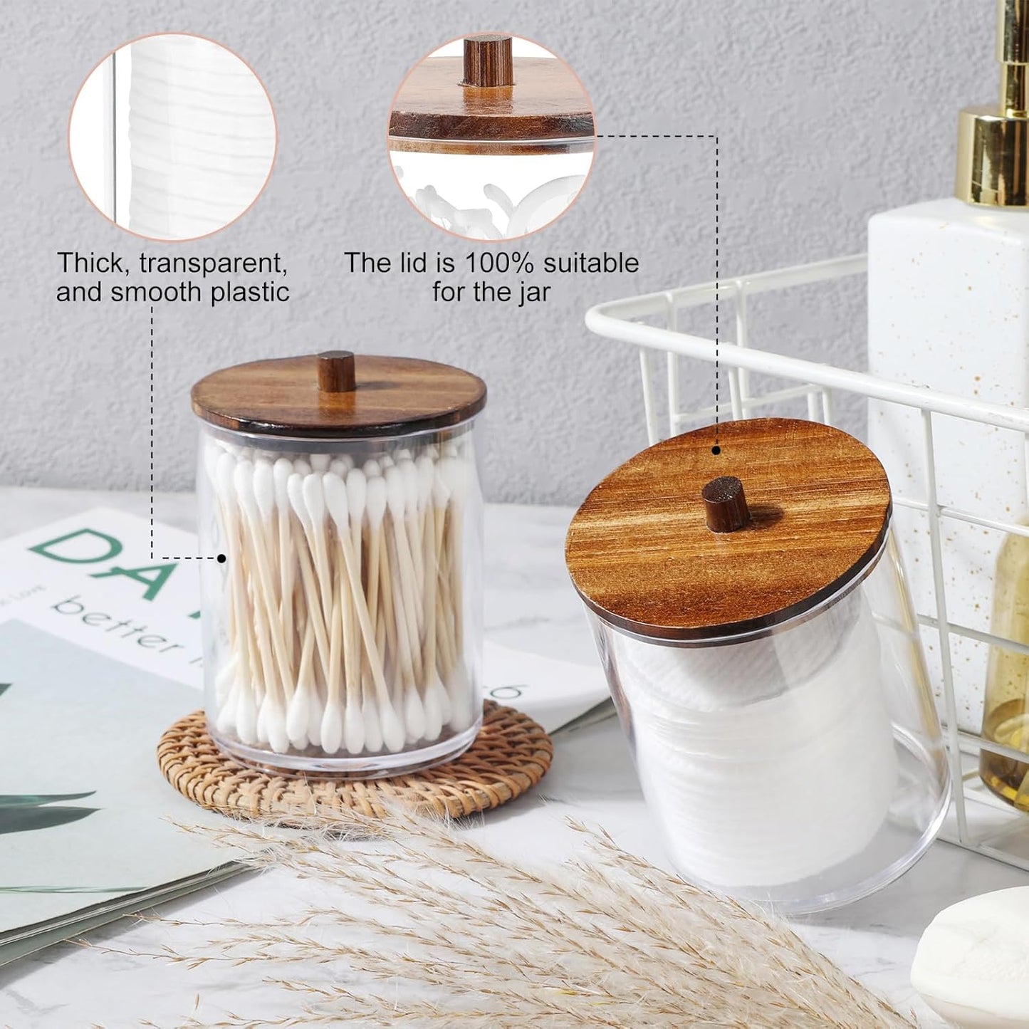 Temoyj Qtip Holder Dispenser - 10 oz Clear Plastic Apothecary Jar with Wood Lids | Vanity Makeup Organizer