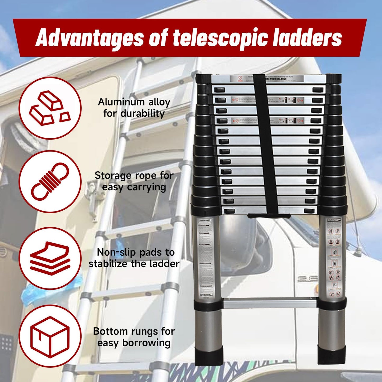 findmall 14.5FT / 4.4M Aluminum Telescopic Ladder Multi Use Non-Slip Collapsible Ladder Telescoping Ladders