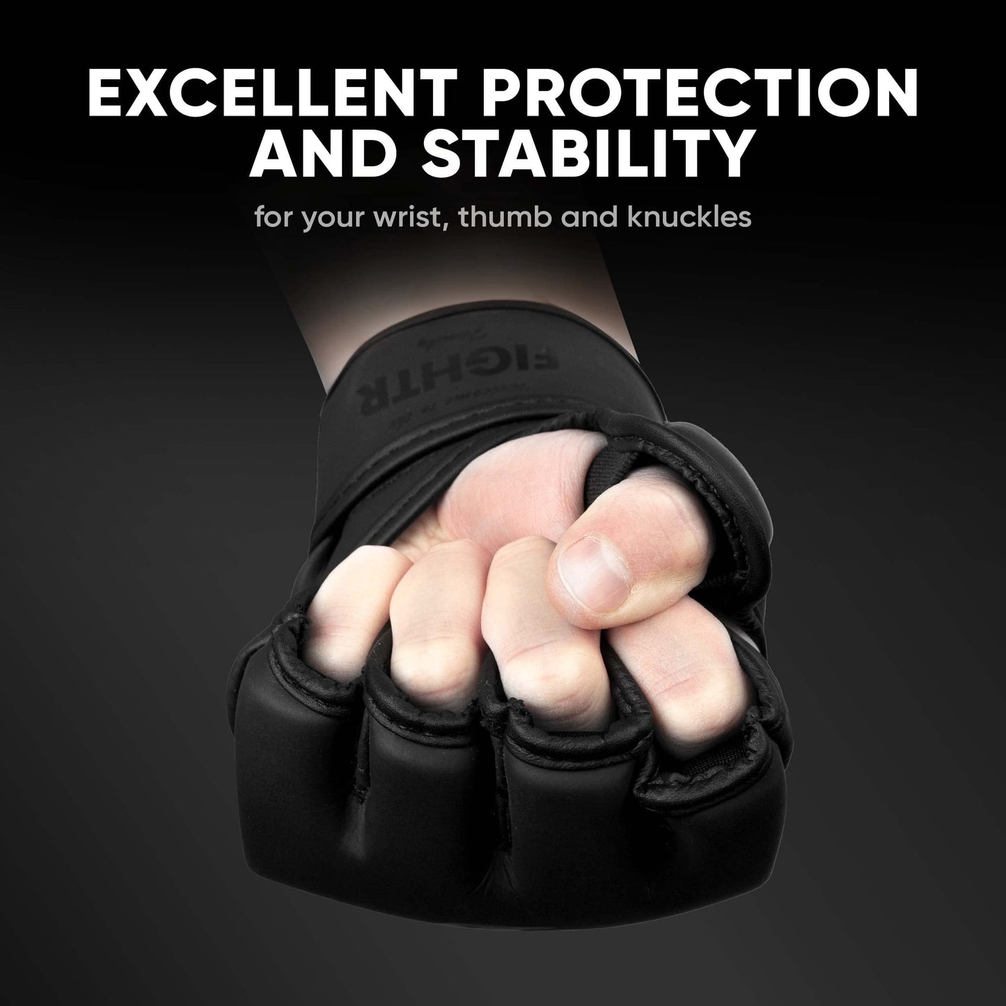 FIGHTR® Pro MMA Gloves for Grappling Sparring Training, Kickboxing Martial Arts Muay Thai Punching Bag Mitt Training Boxing for Men and Women | incl. Carrying Bag (All Black, L)
