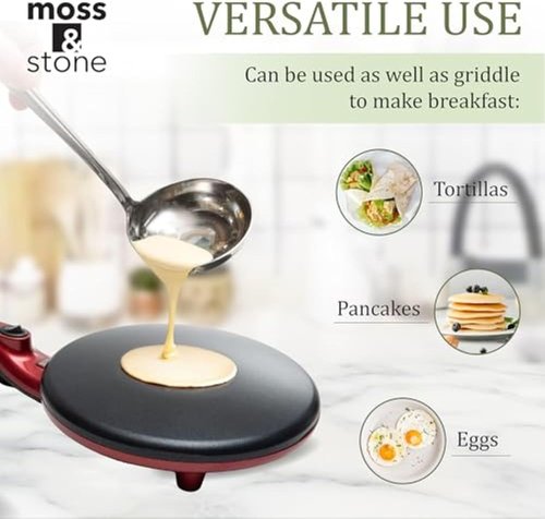 Moss & Stone Electric Crepe Maker - 8 Inch Nonstick Cooktop with Dual Temperature Settings | Easy to Use for Pancakes & Blintz