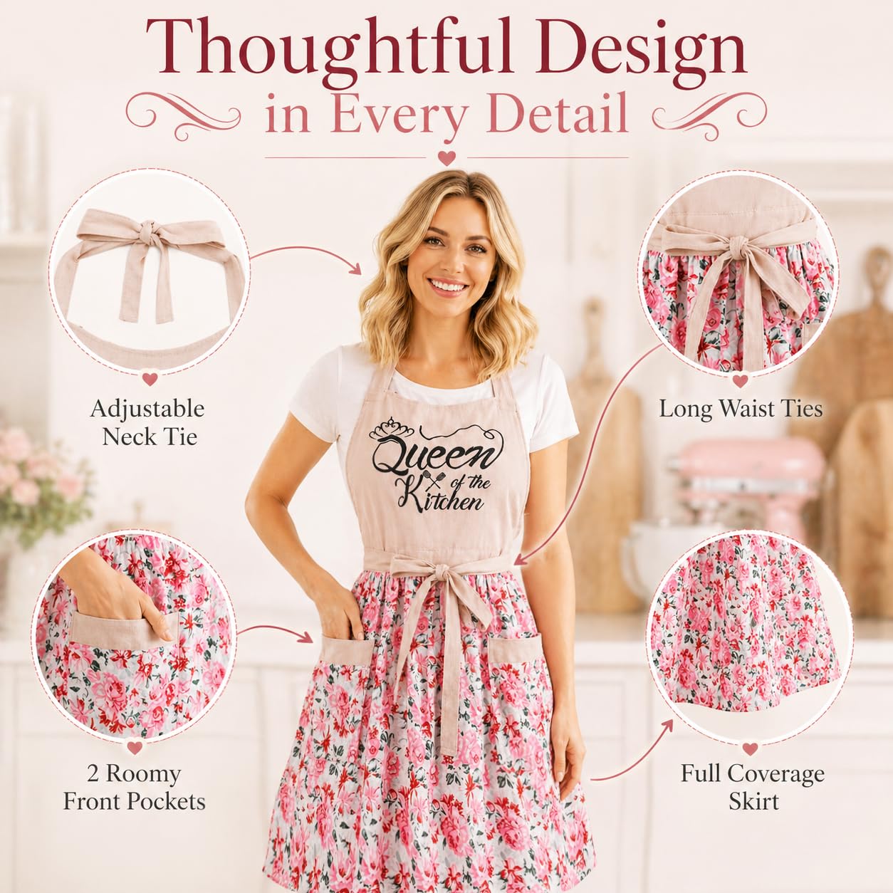 HYVOROS Cute Floral Aprons for Women with Pockets，Cotton Adjustable Neck Strap Apron for Kitchen Cooking Baking Gardening (Pink, Medium)