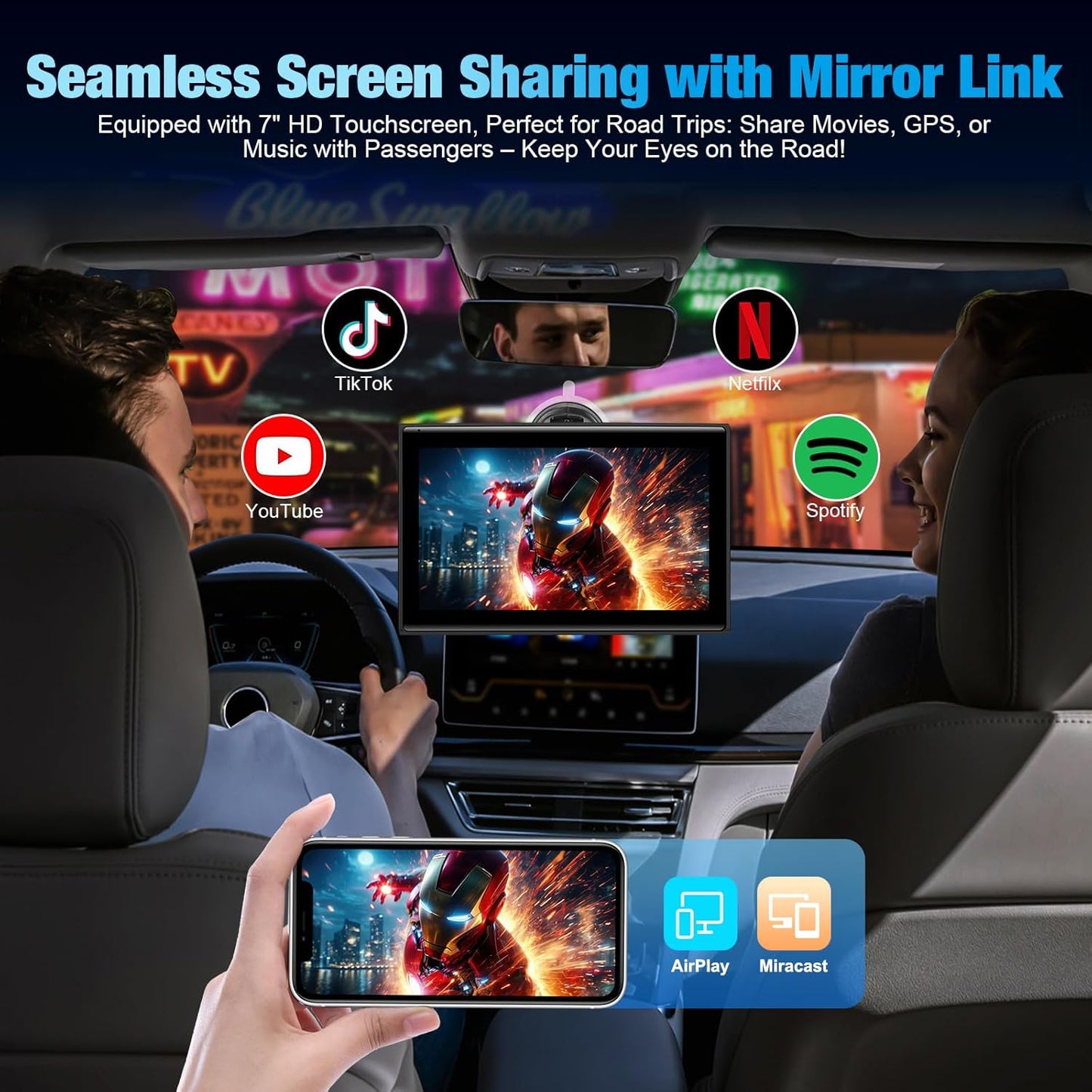 BOAODIFSH 7" Portable Wireless CarPlay Screen for Car Apple CarPlay & Android Auto, HD Touch Screen Car Stereo