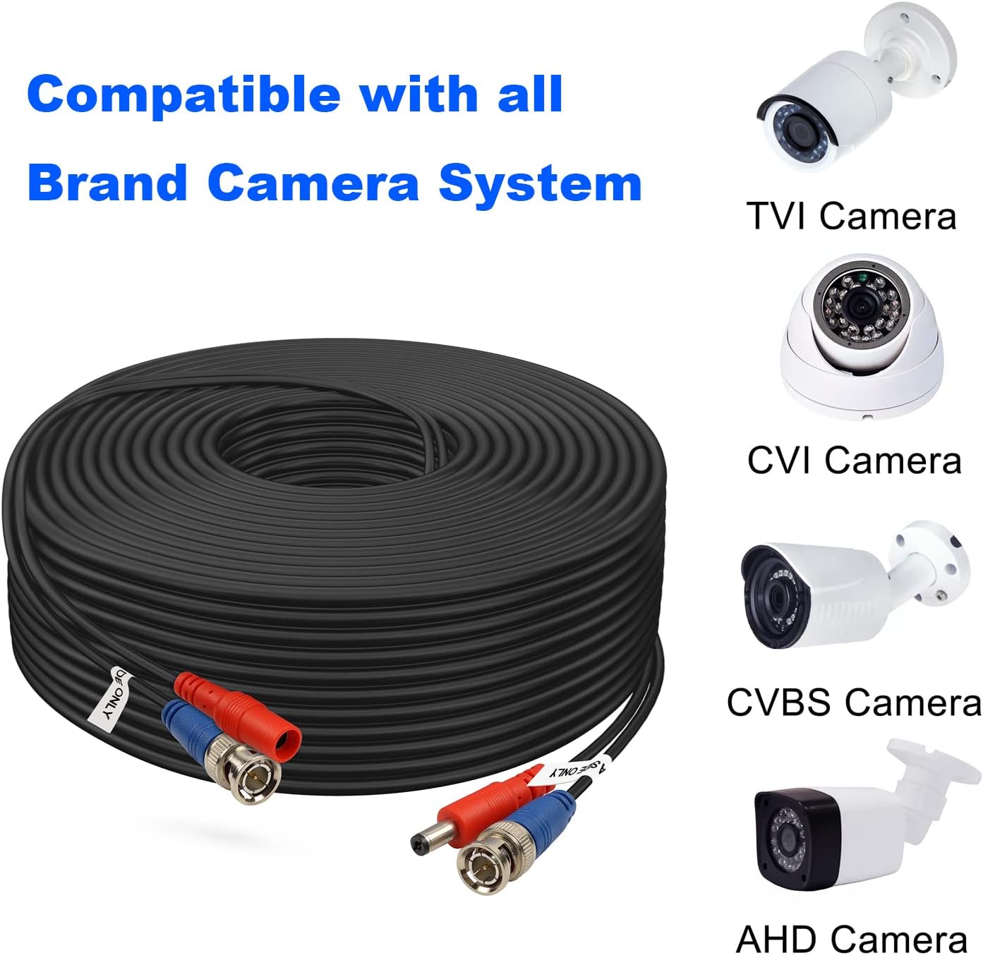 Aimyzii 100ft 4 Pack 8X Adapters,100 BNC Cable BNC Video Power Cable,Security Camera Cable for CCTV Camera DVR Security
