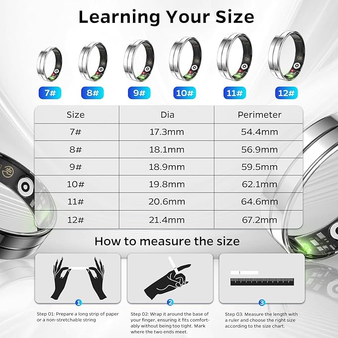 Ultra-Thin Smart Ring for Women Men,Sleep Tracker Ring with Heart Rate, Waterproof Fitness Ring for Activity Monitoring/Steps/Calories,No Subscription Fee,for iSO & Android (Silver, 7)