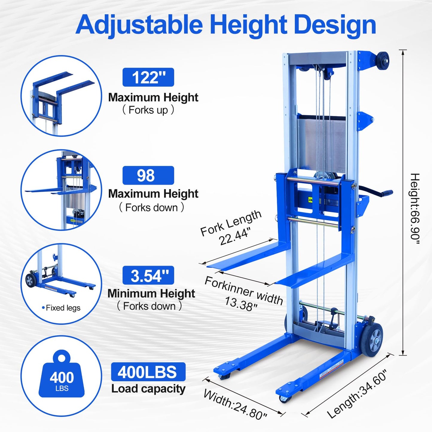 ELOMBR 400 lbs Material Lift Winch Stacker, 122" Lift Height, Fixed Straddle Hand Winch Lift Truck, Material Lifts for Warehouse, Factory, Library, 34.60"L x 24.80"W
