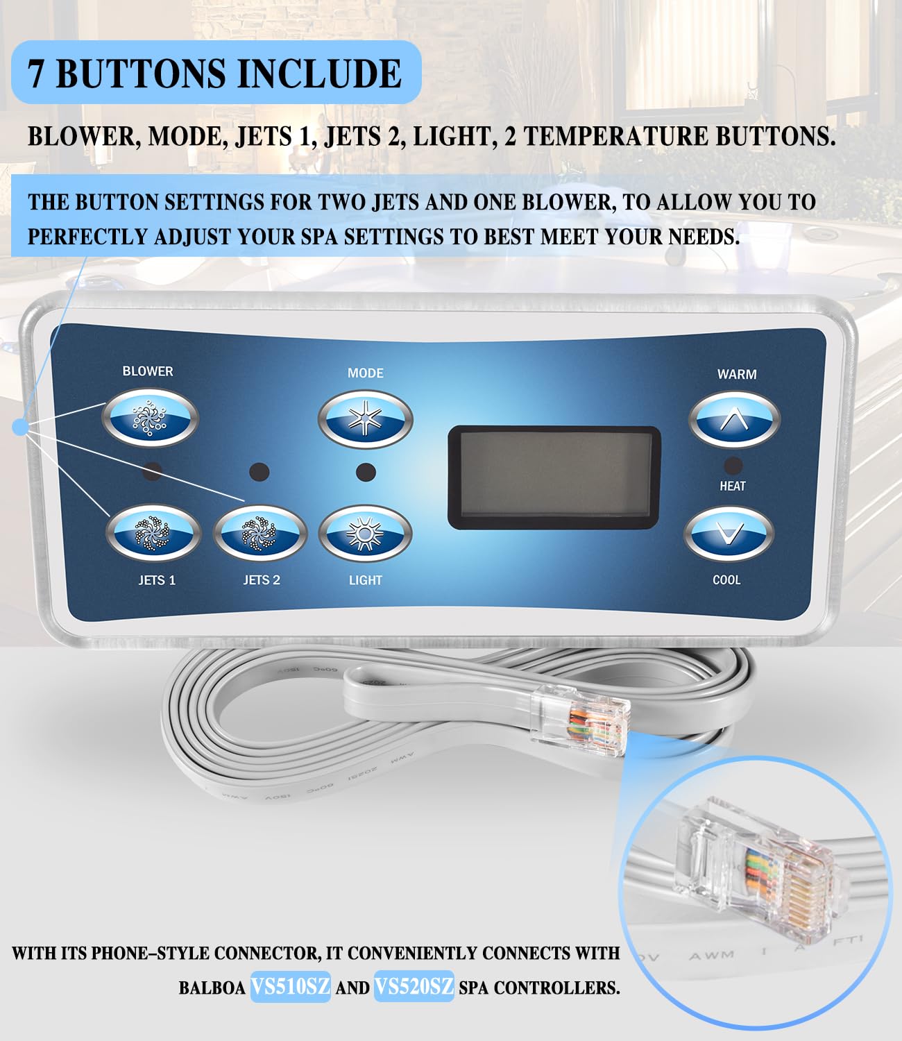 besttruck Replacement for Balboa 53189, VL701S Topside Control Panel with 7-Button, with Phone Plug Type Connector Conveniently Connects with VS510SZ and VS520SZ SPA Controllers