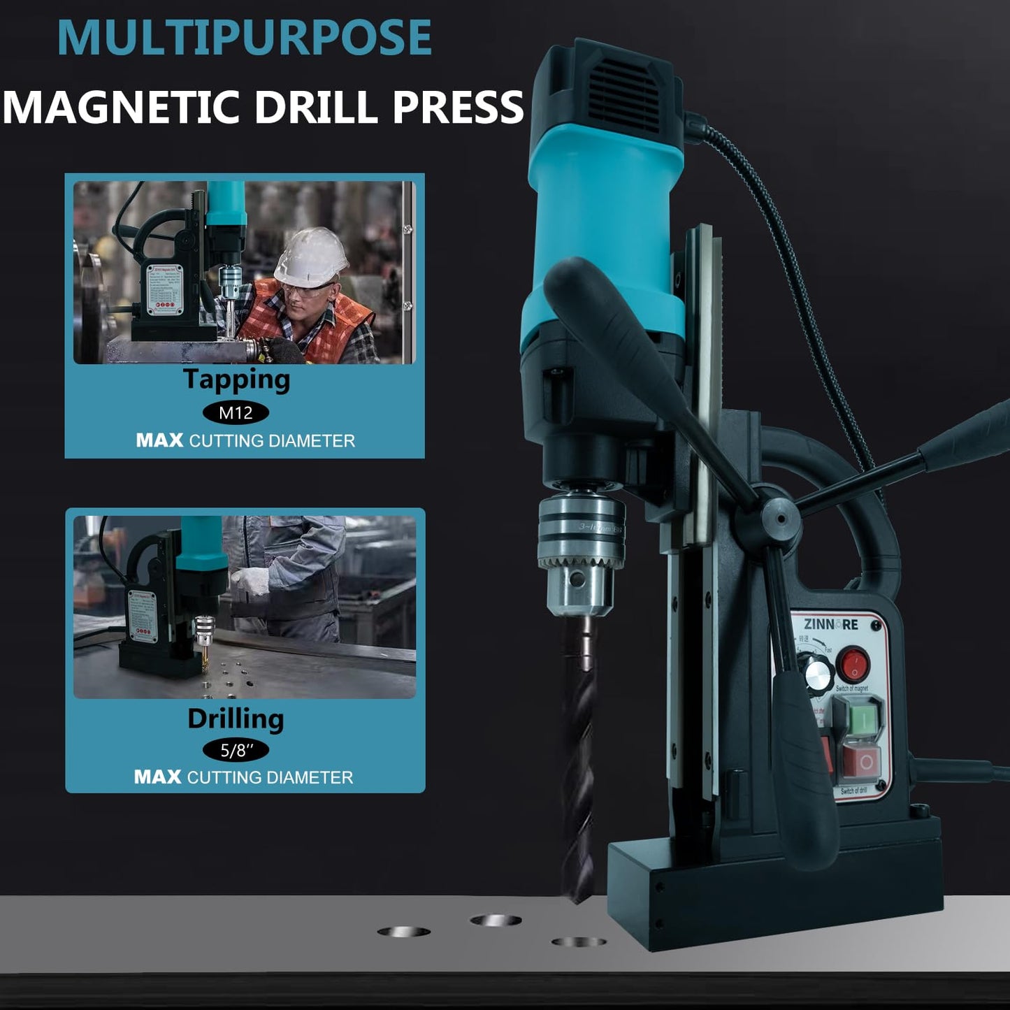 Zinnore Mag Drill Press, 1150W Magnetic Drill Press, 2360lbf /10500N Mag Force, Portable Electric magnet press machine for Metal Surface