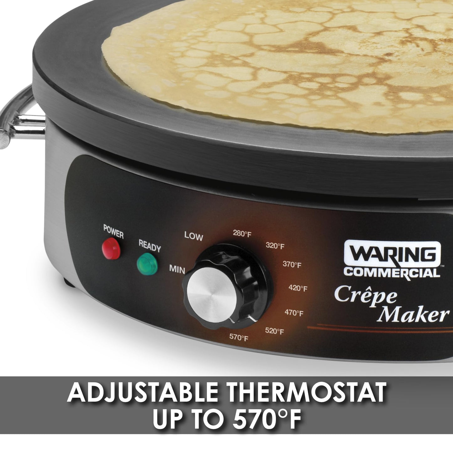 Waring Commercial Crepe Maker, 16" Cast Iron Cooking Surface, 570°F Adjustable Thermostat, for Restaurants & Commercial Kitchens, 120V, WSC160X