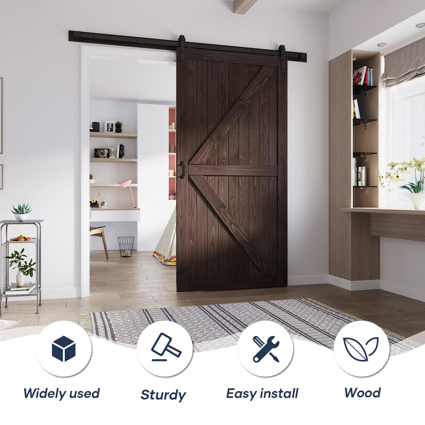FREDBECK 48in x 96in Brown Wood Barn Door with 8ft Barn Door Hardware Track Kit Included, Double Surfaces,Simple Assembly is Required,K-Frame,Coffee