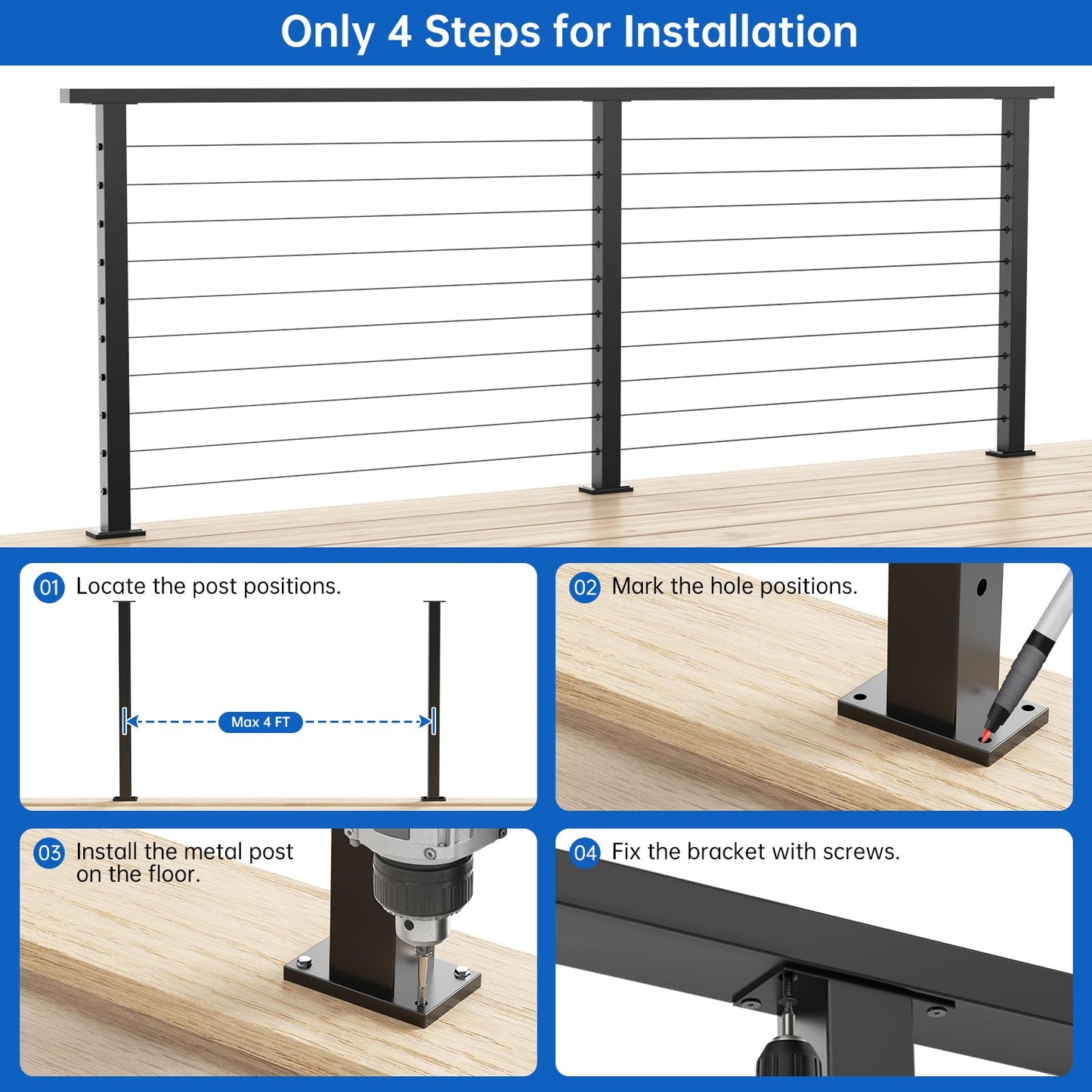 Zylorix 36" Swageless Level Cable Railing Post for Deck Cable Railing, T304 Stainless Steel Surface Mount 180° Drilled Deck Post with Upgraded Black Powder Coating for Indoor Outdoor Porch