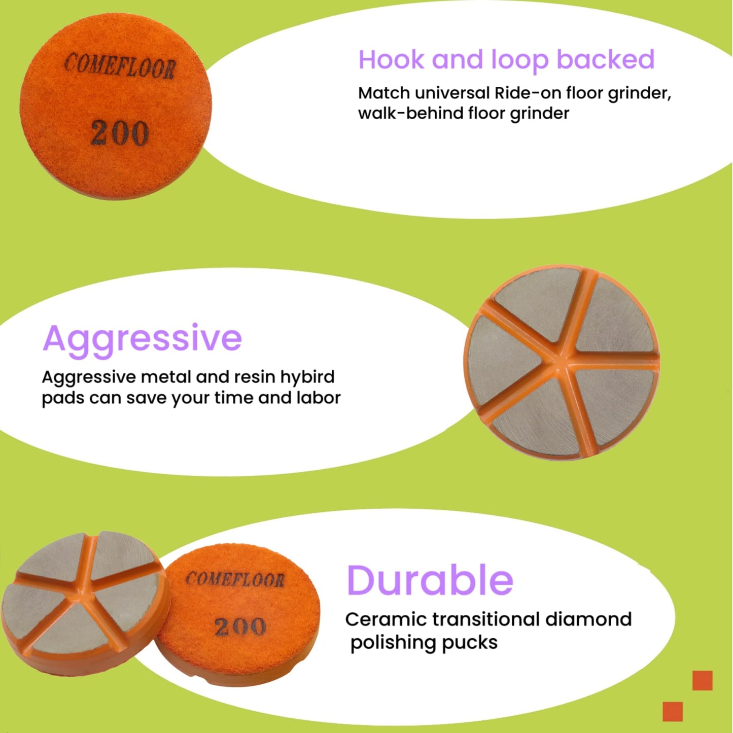 Hybrid Ceramic Transitional Diamond Polishing Pucks for Concrete Terrazzo Floor, 3 Inch Hook and Loop Aggressive Floor Grinding Discs, 200# 9PCS
