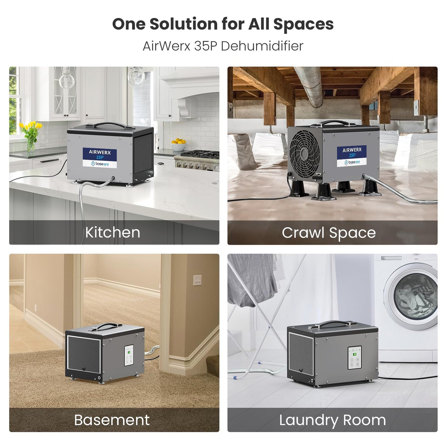 BaseAire Crawlspace Dehumidifier with Pump, Compact Dehumidifiers for Commercial, Basement and Water Damage with Drain Hose, 70 PPD, Auto Defrost, GLGR Technology, Up to 1000 Sq Ft