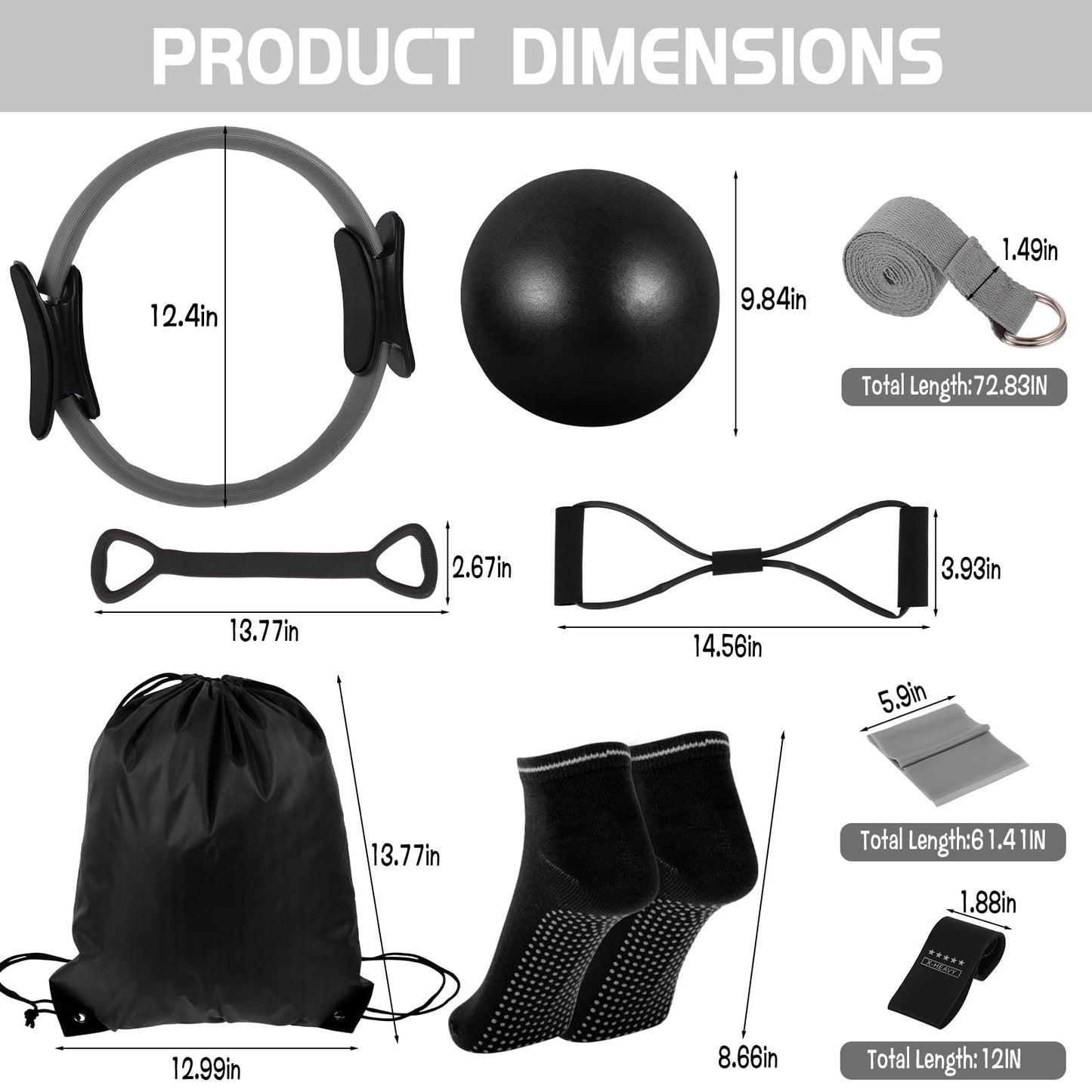 21 Pcs Pilates Ring Circle Set for Women, Includes Ball Yoga, Ring Stretching, Strap Bands, Non Slip Socks, Back Bags for Workout, Commonly Used for Yoga, Pilates, Stretching, Fitness(Black,Gray)