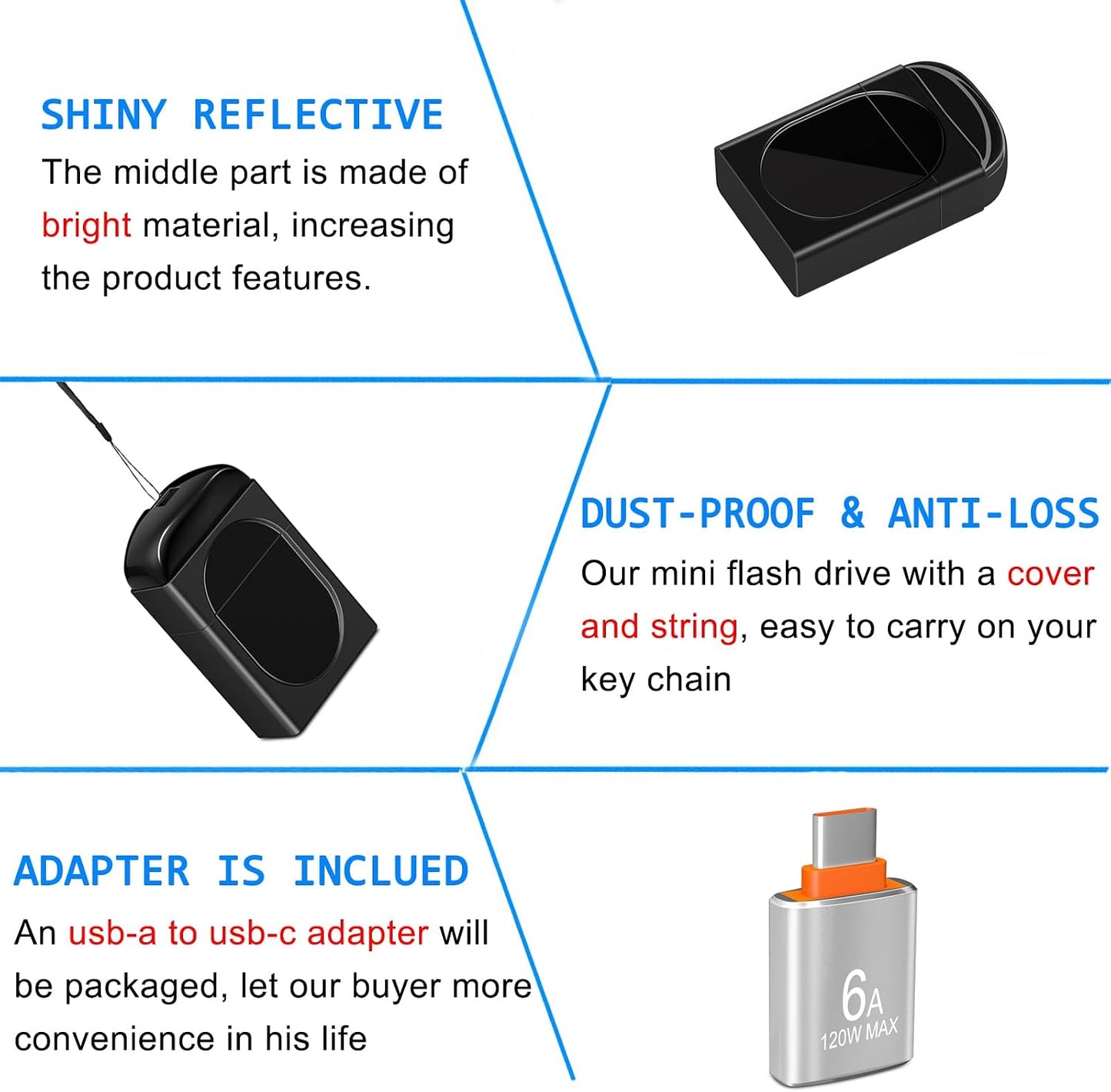 EASTBULL 8GB 5 Pack USB2.0 FAT32 8 5 Pack 1 Small Flash Drives Mini USB Drive with a USB-C Adapter, Mini Thumb Drive GB