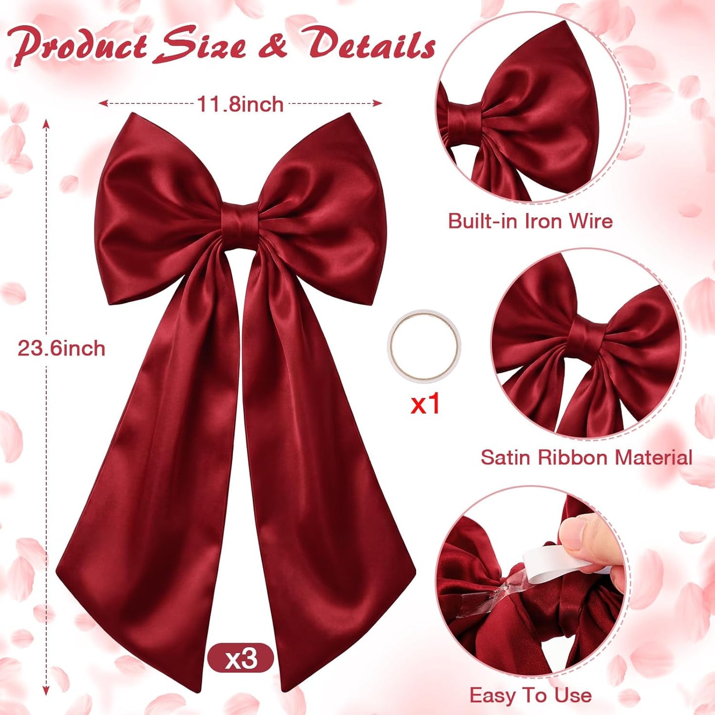 Suncalla Large Burgundy Satin Bows - 3 Pcs 2 FT Wall Decorations for Weddings, Parties & Events
