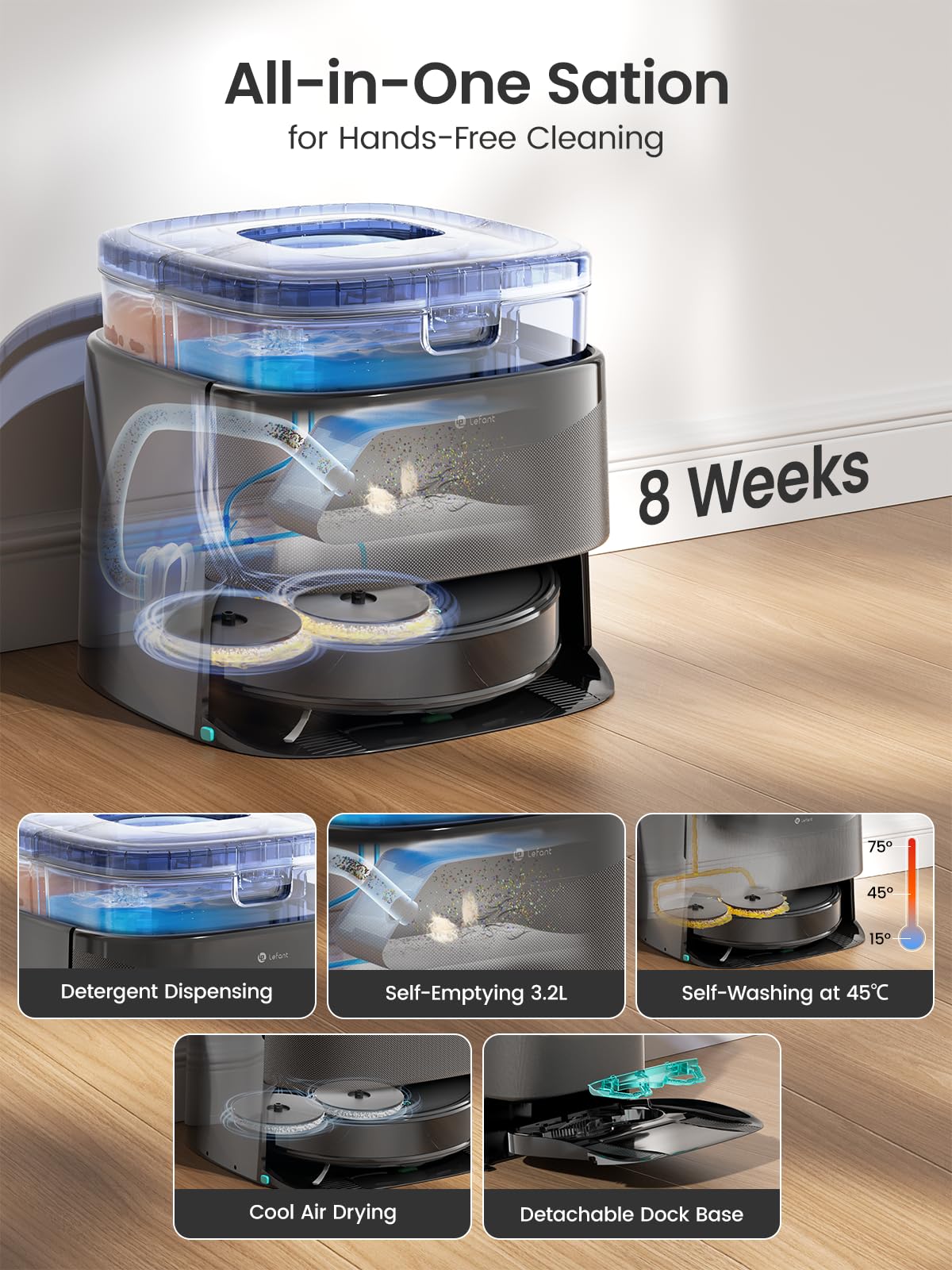 Lefant Robot Vacuum and Mop, 20000Pa Suction,90-Day Self-Emptying, Obstacle Avoidance,5200mAh Battery，Auto Mop Washing&Drying, All-in-One for Pet Hair Carpet, 5G WiFi Alexa/APP/iWatch Control, M3 Max