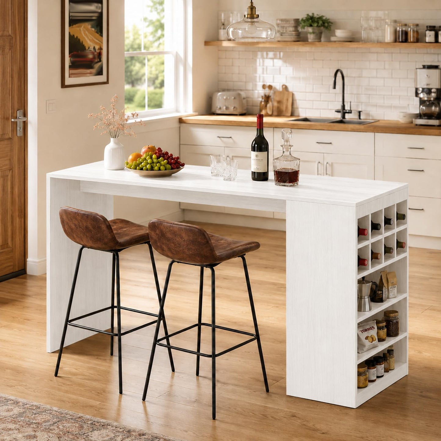 LHIUGE Kitchen Island with Storage, Fluted Counter Height Table, Home Bar Tables with Wine Rack and Drawers,Mid-Century Modern Kitchen Island Table for Kitchen, Dining Room, Living Room