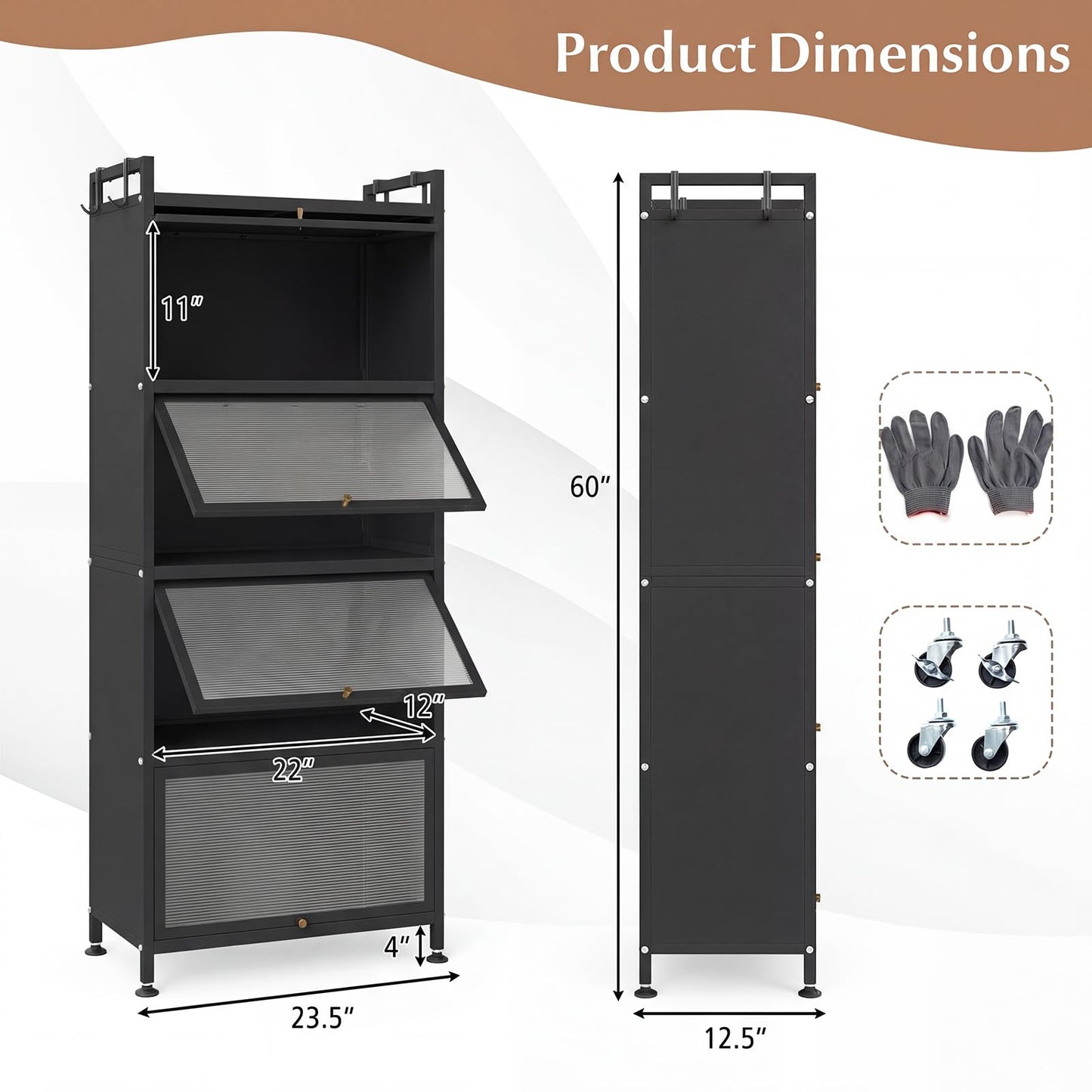 Giantex 5-Tier Kitchen Storage Cabinet, Mobile Microwave Stand with Flip-up PC Doors, Freestanding Kitchen Bakers Rack with 4 Rolling Casters, for Dining Room, Living Room and Study, Black