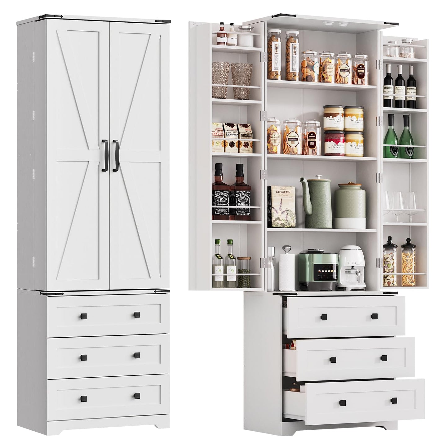 72'' Tall Kitchen Pantry Cabinet, Freestanding Tall Cupboard Storage Cabinet with 2 Barn Doors & 3 Drawers, Adjustable Shelves, Large Farmhouse Pantries for Living Room, Dining Room