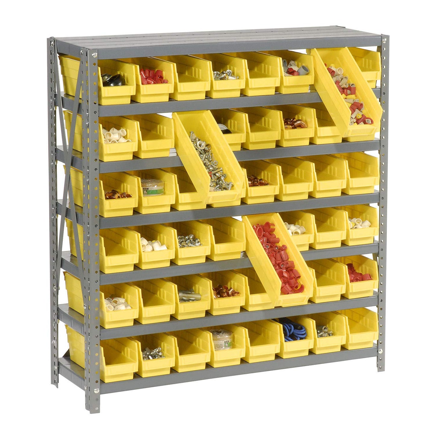 Global Industrial 7 Shelf Steel Shelving with (48) 4" H Plastic Shelf Bins, Yellow, 36" W x 12" D x 39" H, Single-Sided Open Shelving with 48 Plastic Shelf Bins