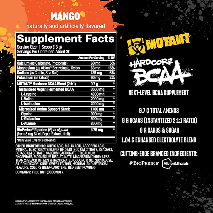 Mutant Hardcore BCAA - Pre, Intra or Post Workout ??BCAA Next Level branched-Chain Amino Acids Supplement ??Hydration + Recovery - 30 Serving - Mango