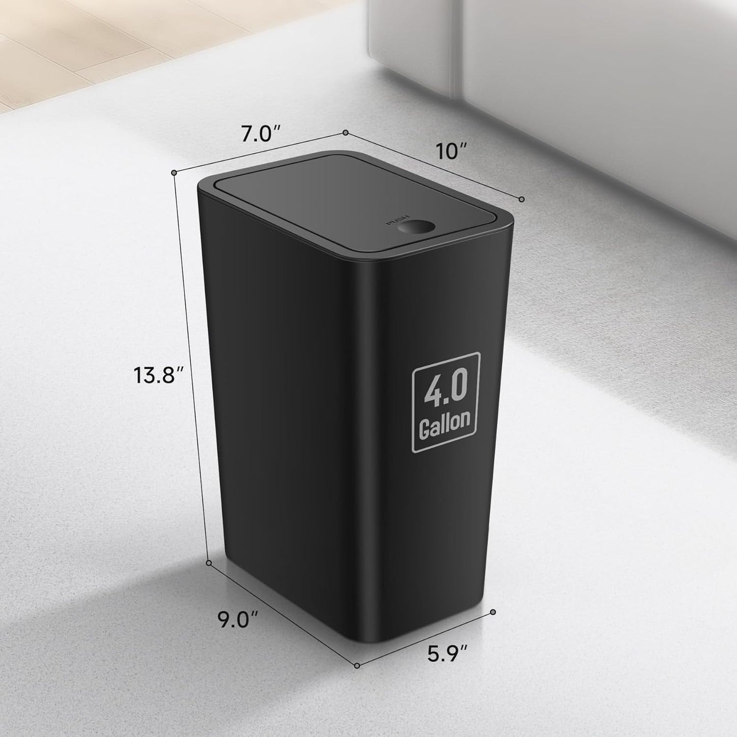 TIPGO Bathroom Trash Can - 4 Gallon Press Top Wastebasket with Pop-Up Lid | Black Plastic Design for Home & Office