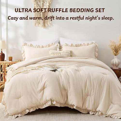 FUANNA Queen Comforter Set - Beige 3-Piece Ruffle Shabby Chic Bedding | Fluffy Lightweight All-Season Comforter & Pillowshams