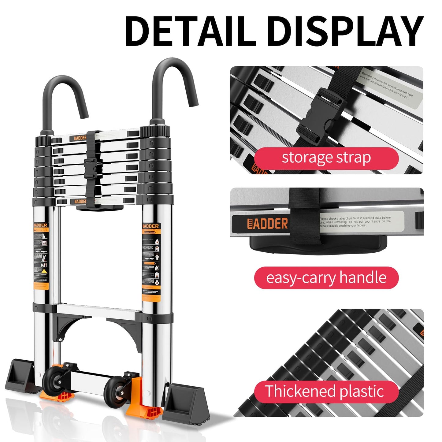 Telescoping Ladder,with Stable Hook and stabilizer barand,Extension Ladder, Heavy Duty 330lbs Max Capacity, Multi-Purpose Collapsible Ladder for RV or Outdoor Work (16.5FT/5.1M)