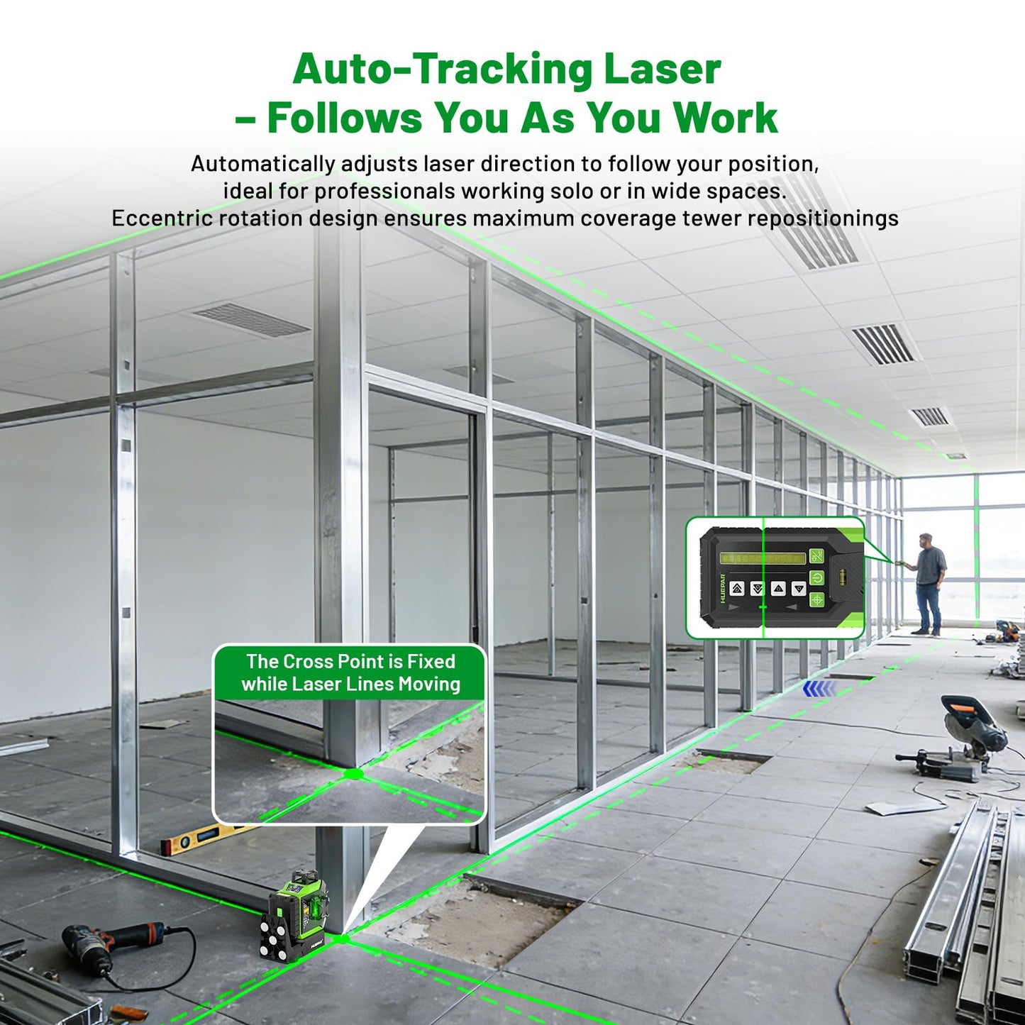 Huepar Laser Level 360 Self Leveling Outdoor with Fixed-Point Pivot Alignment Adjustment, 1/13"Precision Lazer Leveler with Pulse Mode, Adjustable Brightness, Remote Control Receiver, Solo Projects