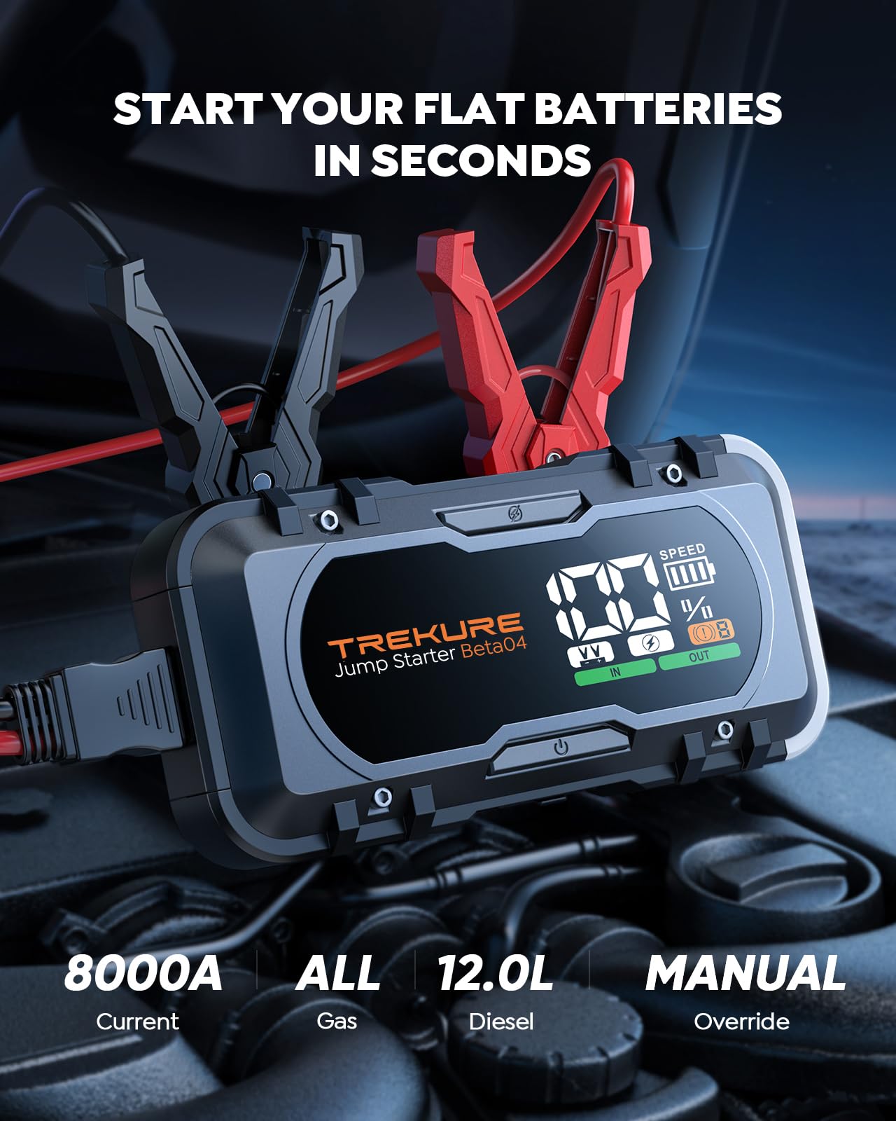 8000A Car Battery Jump Starter, Battery Jumper Starter Portable (All Gas/12L Diesel), 27000mAh 65W Charging Jump Box, Portable Car Jump Starter with 160W DC, 600LM Light, Extended Jumper Cables