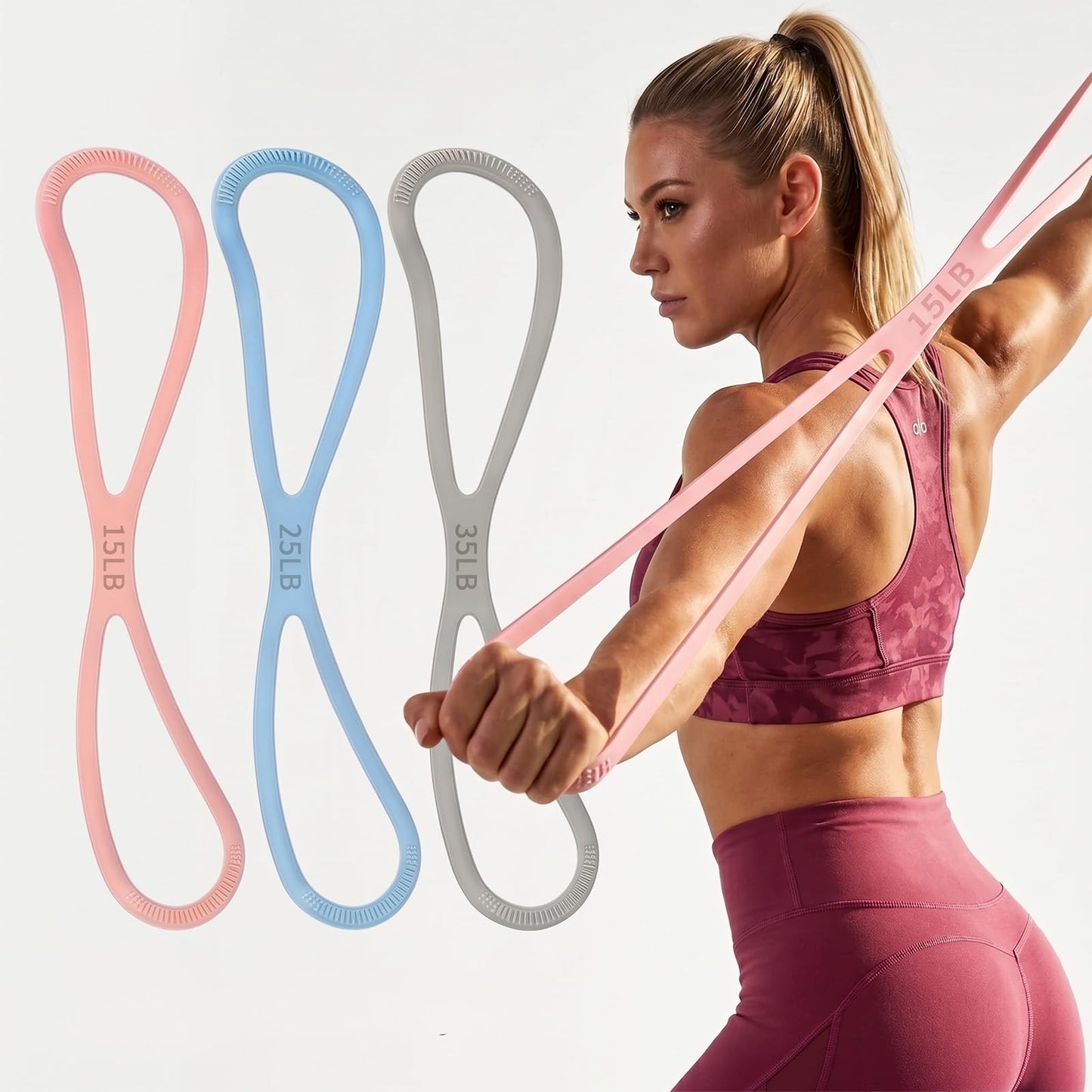 Figure 8 Resistance Band Set of 3 (15/25/35lb) - High-Density Silicone Exercise Bands with Handles for Arms, Shoulder Opening & Back Stretching - Posture Corrector for Yoga, Pilates & Home Gym