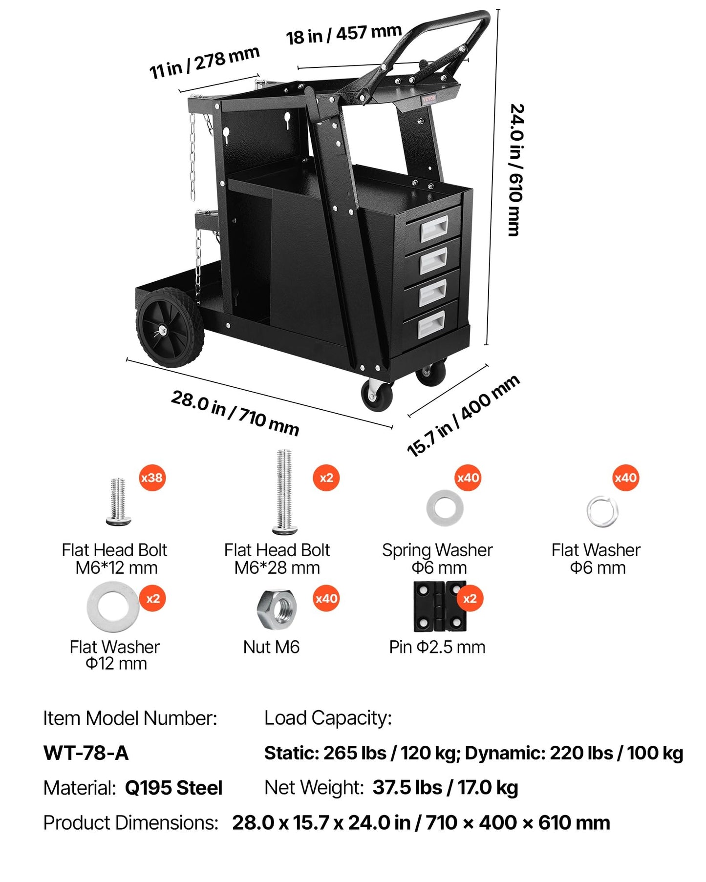 VEVOR Welding Cart, 2-Tier 4 Drawers Welder Cart with 265 LBS Weight Capacity, 360° Swivel Wheels, Tank Storage Safety Chains, Heavy Duty Rolling MIG Welder Cart for Mig Welder and Plasma Cutter