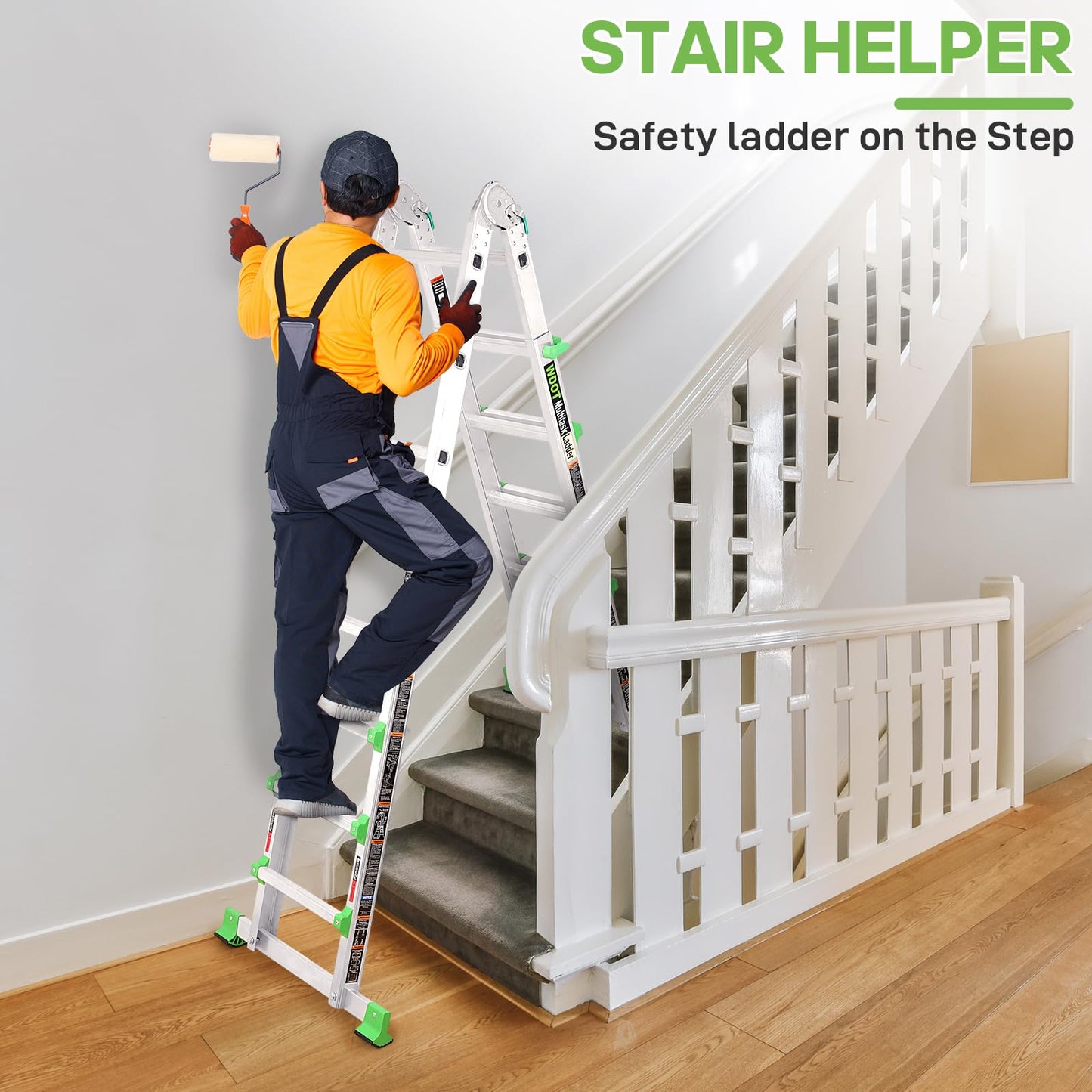 WDOT Ladder, Extension Ladders for Home Stairs 14 Ft, 4 Step Multi Position A Frame Ladder with Stabilizer Bar, Compact Folding, 330 lbs Telescopic Aluminum Adjustable Ladders, Escaleras para Casa