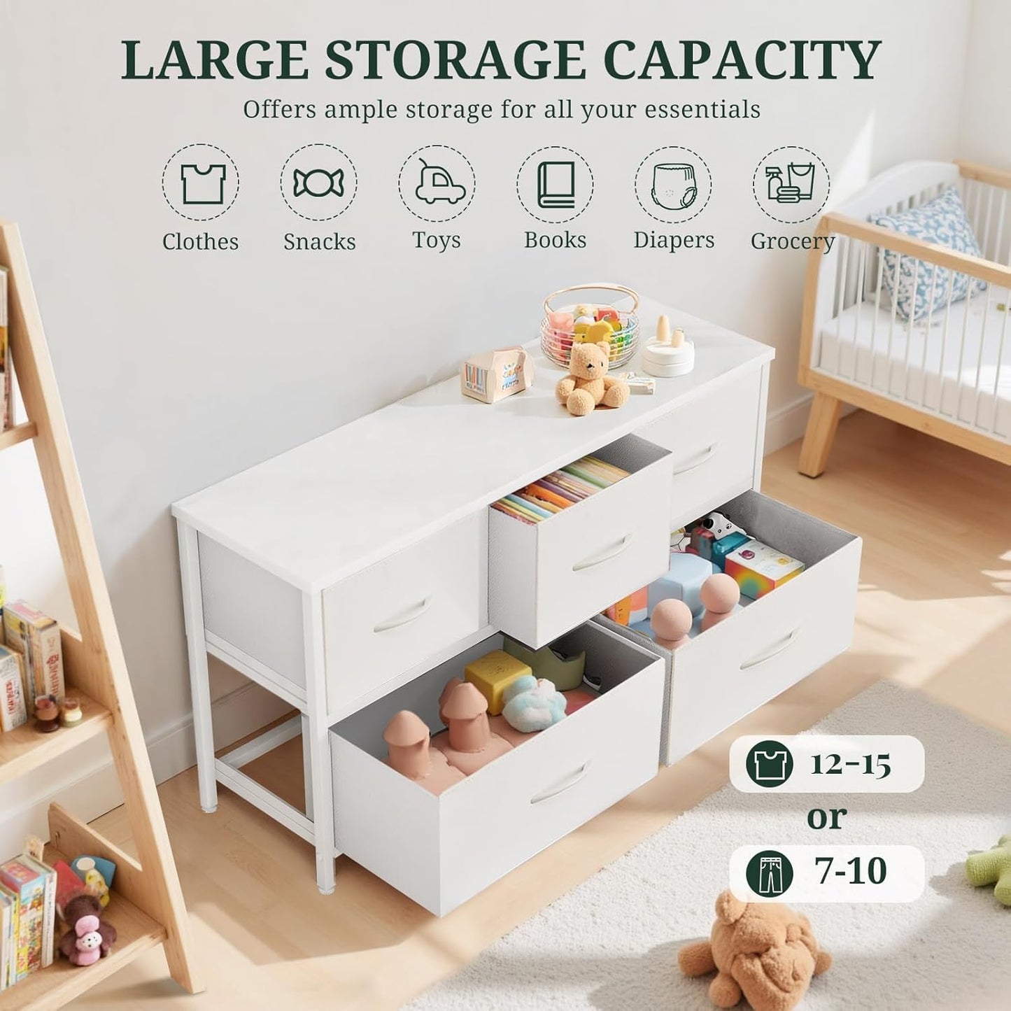 Regine Switzerland 5-Drawer Dresser - Anti-Tip Fabric Storage Organizer with Wooden Top | White Finish for Bedroom & Living Room
