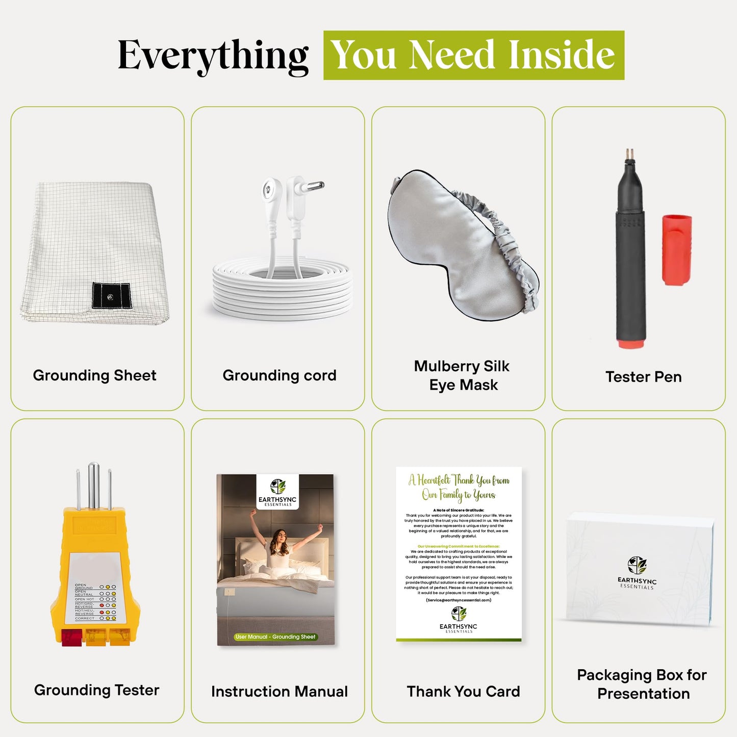 Earthsync Essentials Bare Earth Grounding Sheets King Size | Woven 10% Silver Fiber, Soft 400TC Cotton Earthing Sheets | 15ft Cord, Outlet Tester, Conductivity Pen & Silk Eye Mask (Grey)