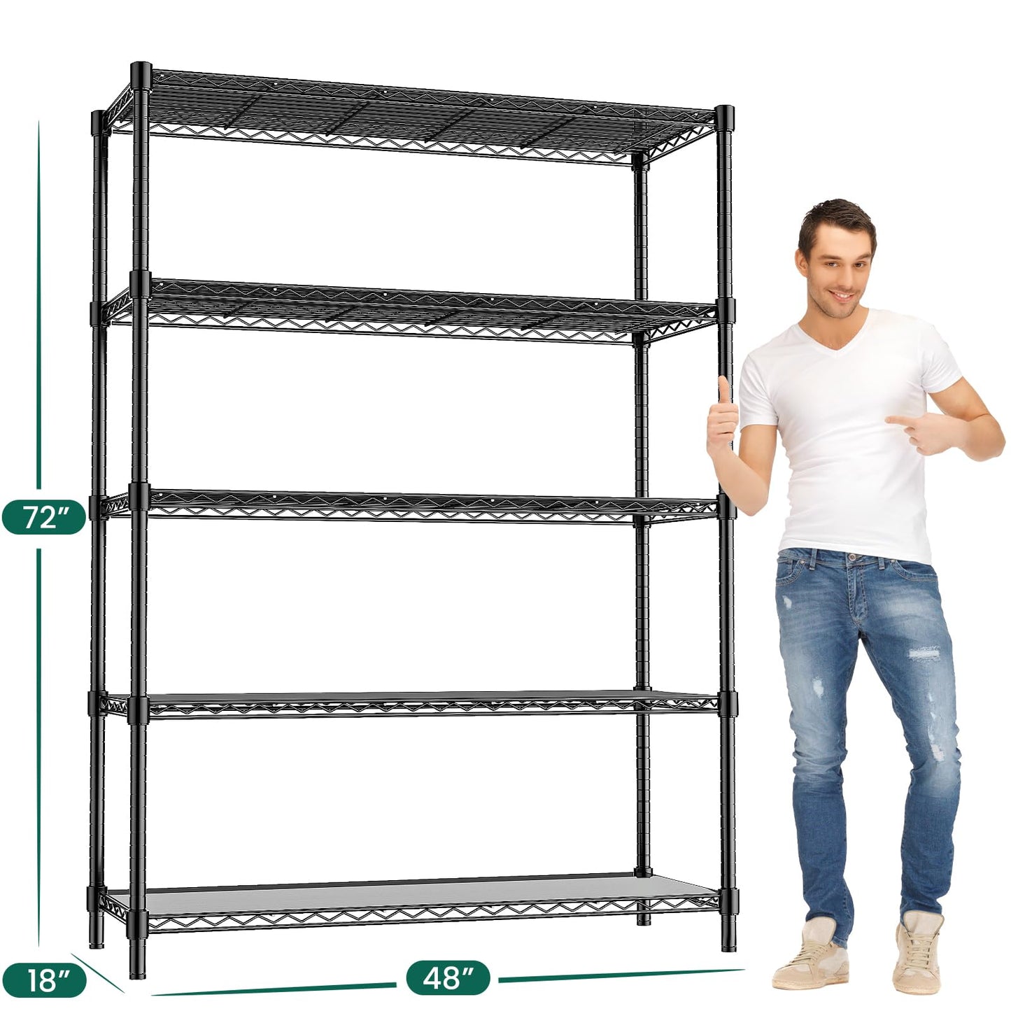 RackBro 48" W Garage Shelving 1875LBS Heavy Duty Wire Shelving Unit, Metal 5-Tier Adjustable Steel Storage Rack with Liners, Storage Tote Rack, 48" W x 18" D x 72" H for Garage Commercial, Black