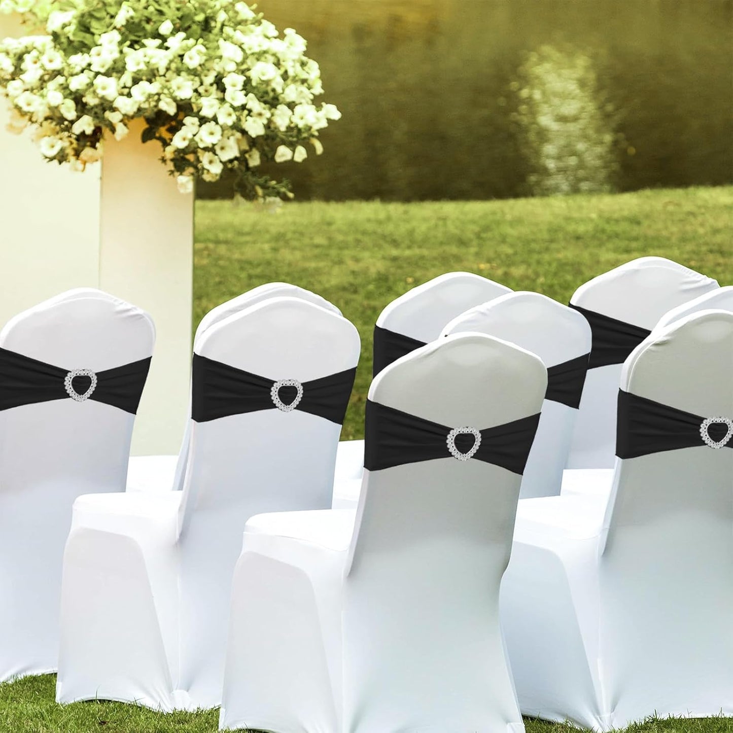 Skiennix 100PCS Spandex Stretch Black Chair Sashes - Universal Elastic Covers with Buckle Slider for Weddings & Events