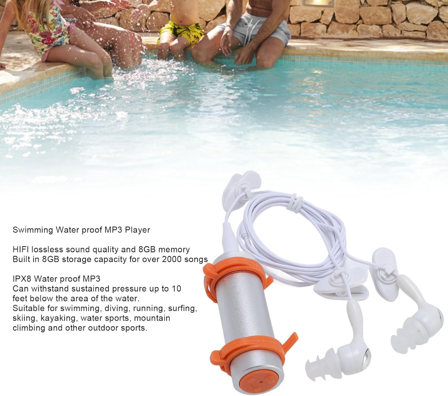 Swimming MP3 Swimming FOSA Water Proof Player, HiFi Music Player with Water Proof Earphones for and Diving. Adjustable