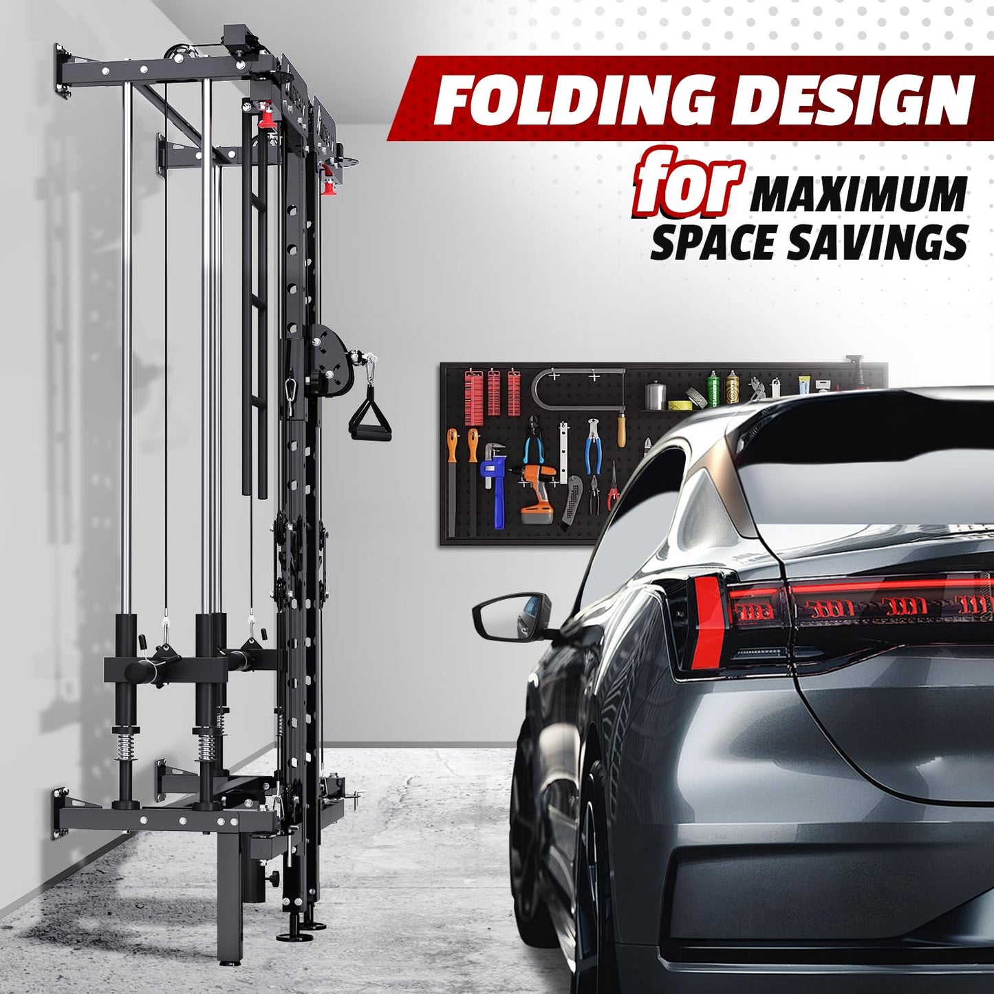 Folding Squat Rack, Wall Mounted Power Rack with Cable Crossover Machine & LAT Pull Down Multi-Function Space-Saving Power Cage with 7 Adjustable Modes/Dual Pulley System/Pull-up Bar/360°Landmine