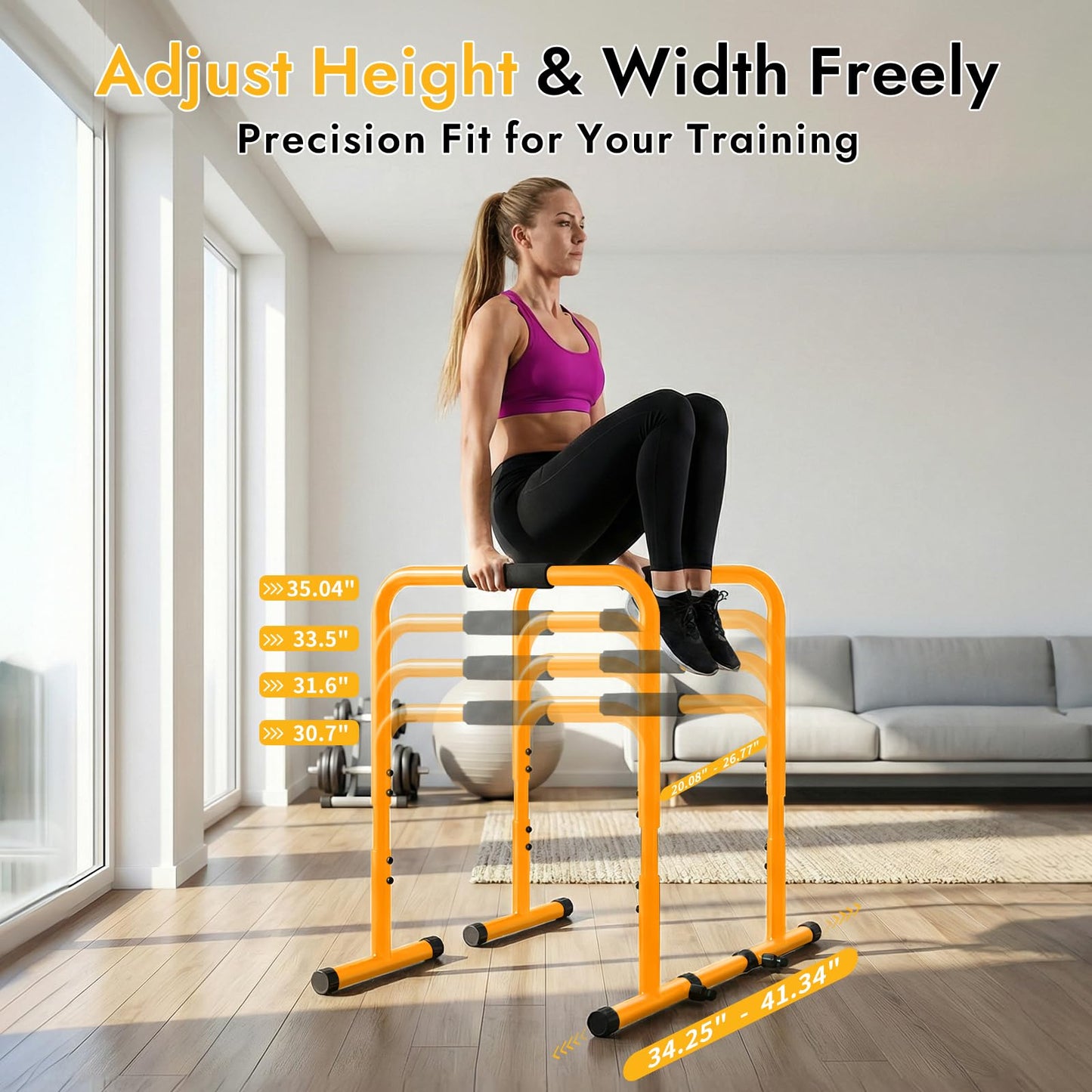 NEWBULIG Dip Bar Station, Adjustable Parallel Parallettes Bar with Soft High-Density Foam Handles, Heavy Duty Dip Stands Workout Equipment for Home, Gym, Patio, Office - Yellow