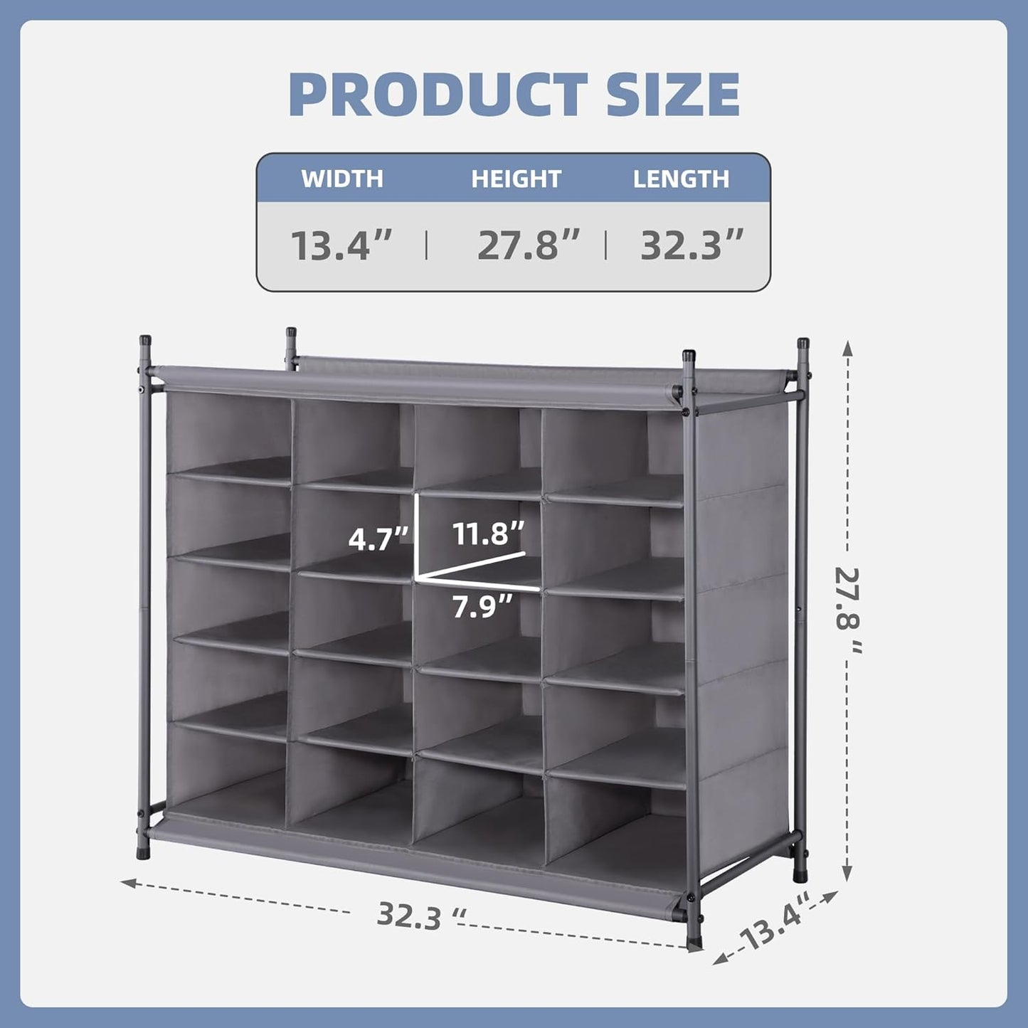 Storage Maniac Stackable Shoe Cubby Organizer - 20-Cube Gray Free-Standing Rack for Entryway & Closet
