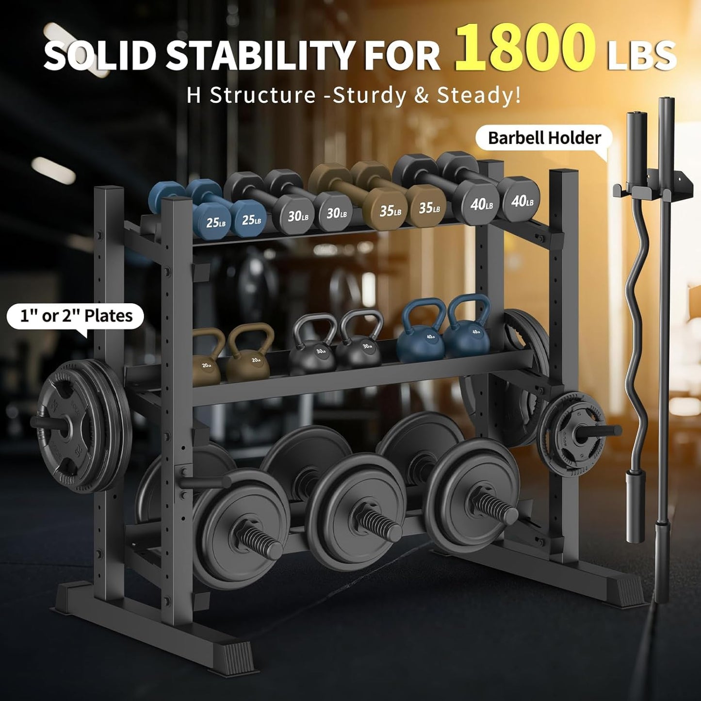 3-Tier Professional Dumbbell Rack, Commercial Grade Dumbbell Storage Rack,1800LB Capacity with Barbell Holder, Adjustable Heavy-Duty Weight Rack for Home Gym, Weight Stand for Dumbbells, Kettlebells & Weight Plates (Rack Only)