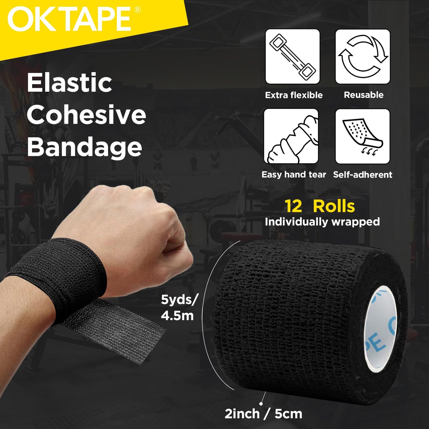OK TAPE 12 Rolls Self Adhesive Bandage Wrap, Elastic Athletic Tape, Self Stick Bandage Tape, Vet Wrap, Medical Wrap for Wrist, Feet, 2" x 5 Yards - Black