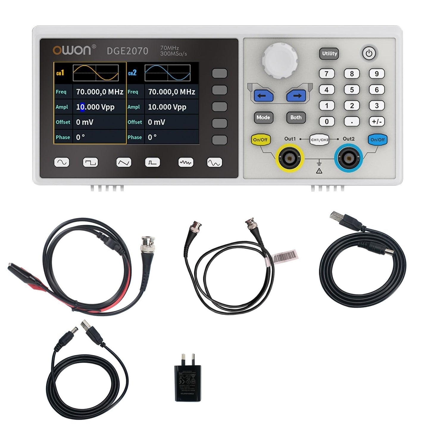 OWON DGE2070 70MHz Dual Channel Arbitrary Waveform Generator, 300MSa/s Sampling Rate, 14-Bit Resolution, 150 Built-in Waveforms, 3.6” LCD, Portable Signal Generator for Lab & Electronics Testing