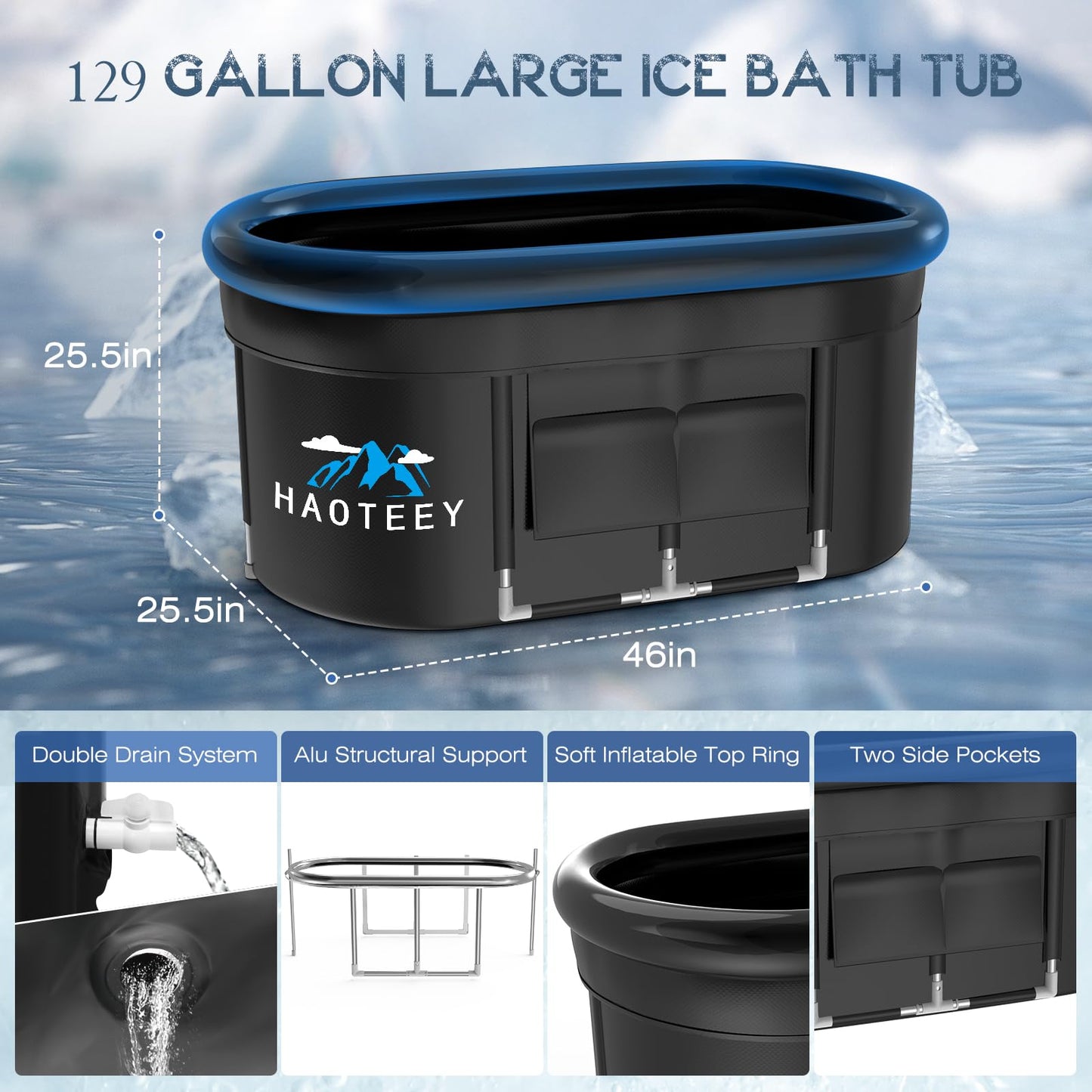 129 Gal Large Oval Ice Bath Tub with Air Ring, Cold Plunge Tub for Cold Water Therapy Exercise Recovery, Alu Support Portable Bathtub for Home, Gyms, Indoor, Outdoor