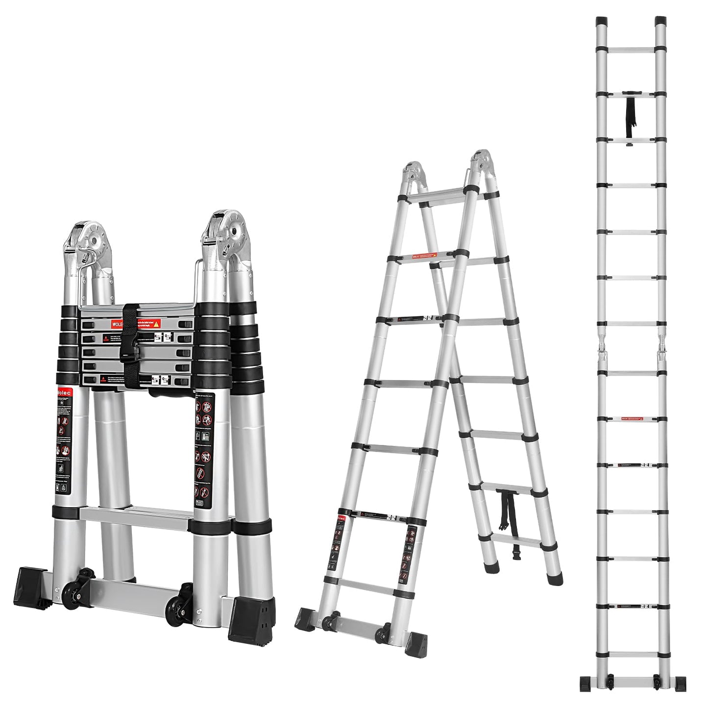 Wolec 14.5FT A Frame Telescoping Extension Ladder with Balance Bar & Wheels, Multi-Purpose Heavy Duty Aluminum Alloy, 330 lbs Max Capacity, Non-Slip, Ideal for Home and Outdoor Work, Silver