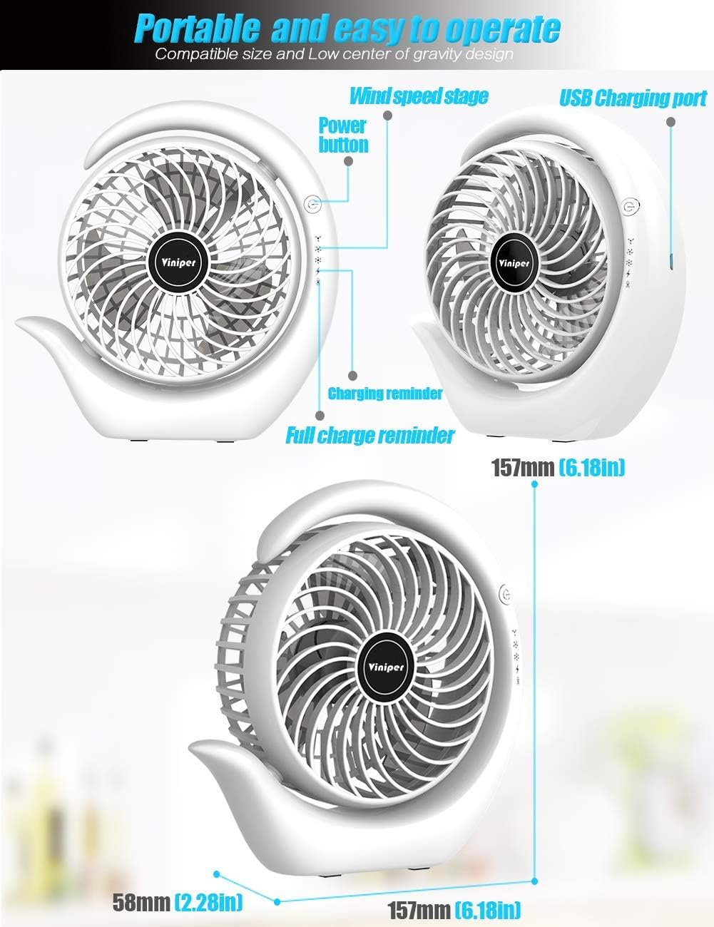 Viniper Portable Rechargeable Fan - 3 Speed Battery Desk Fan with 180° Rotation | 6.2 Inch, Black