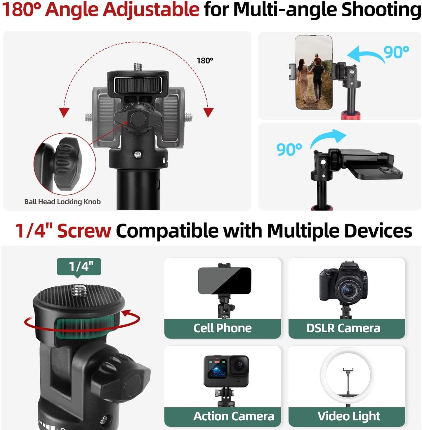 JEBUTU 1/4" Extendable Tripod Aluminum, Portable Adjustable Light Stand with Screw Phone Holder & Remote, Ball Head