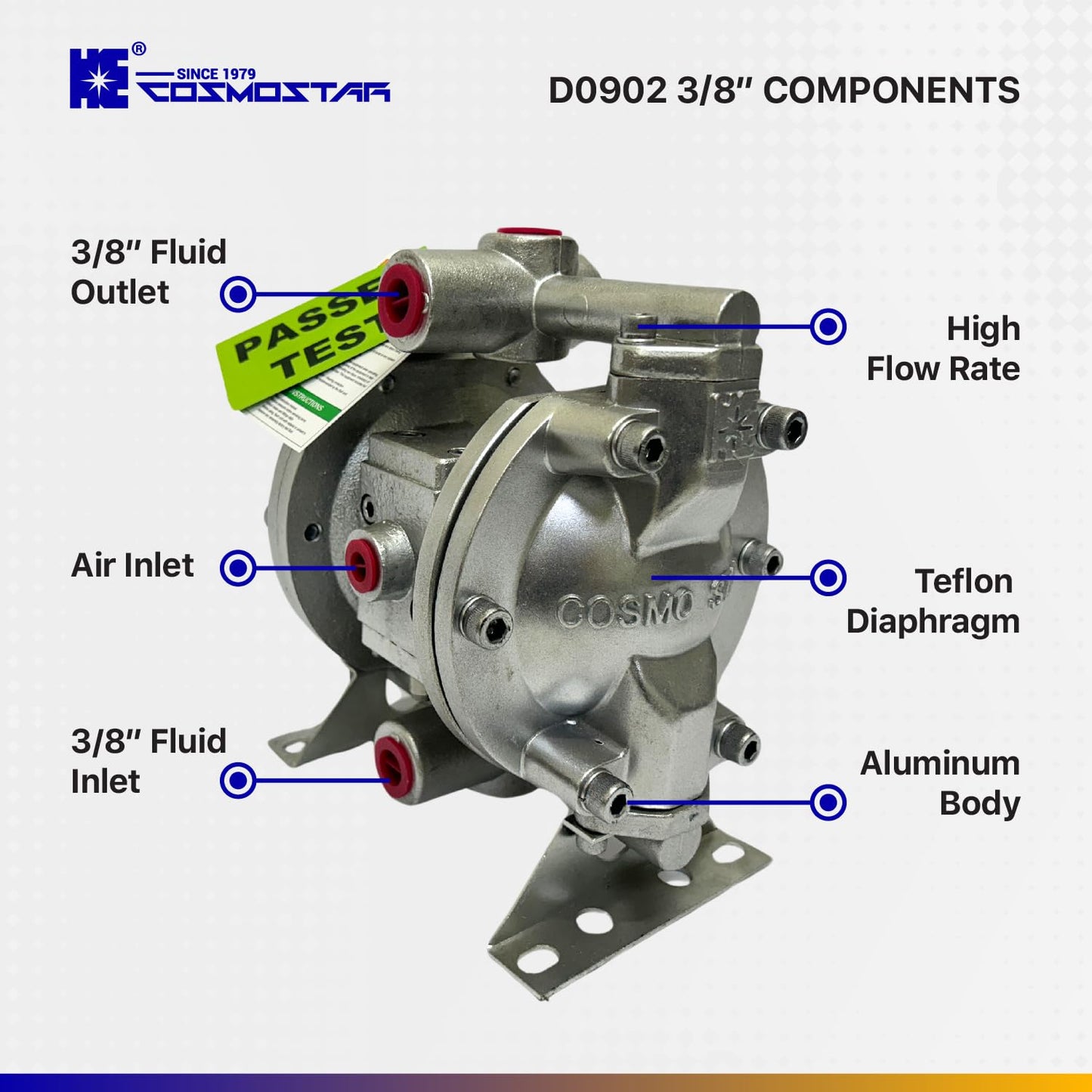 COSMOSTAR D0902 3/8" Double Air Diaphragm Pump, Aluminum Body, Teflon Ball, seat and Diaphragm, Pump Muffler, Pump, Chemical Pump, Waste Oil Pump, Pneumatic Oil Pump, Diaphragm Pumps